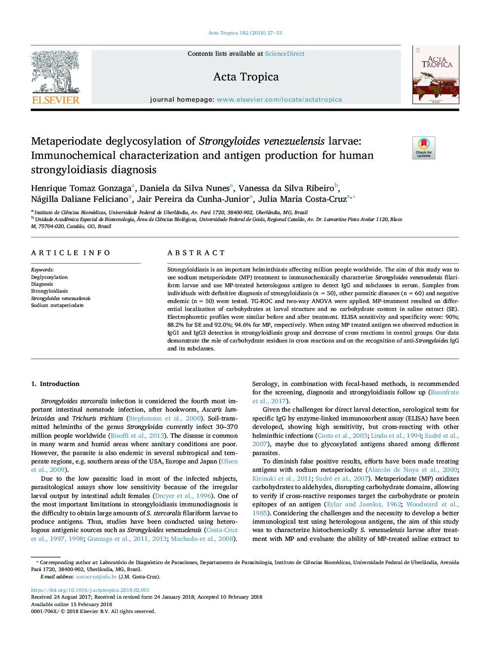 Metaperiodate deglycosylation of Strongyloides venezuelensis larvae: Immunochemical characterization and antigen production for human strongyloidiasis diagnosis