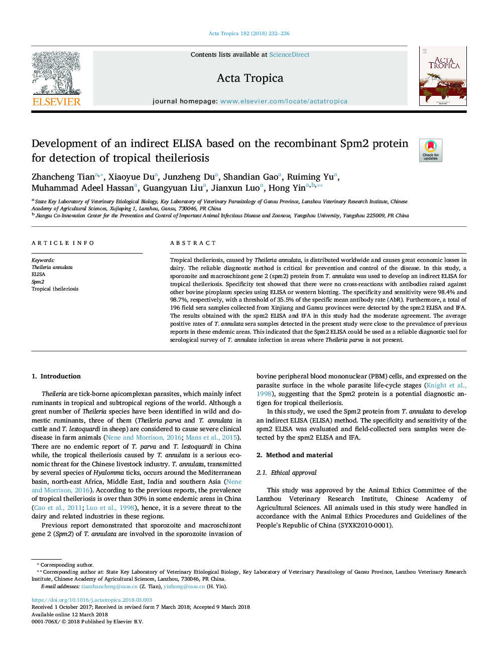 Development of an indirect ELISA based on the recombinant Spm2 protein for detection of tropical theileriosis