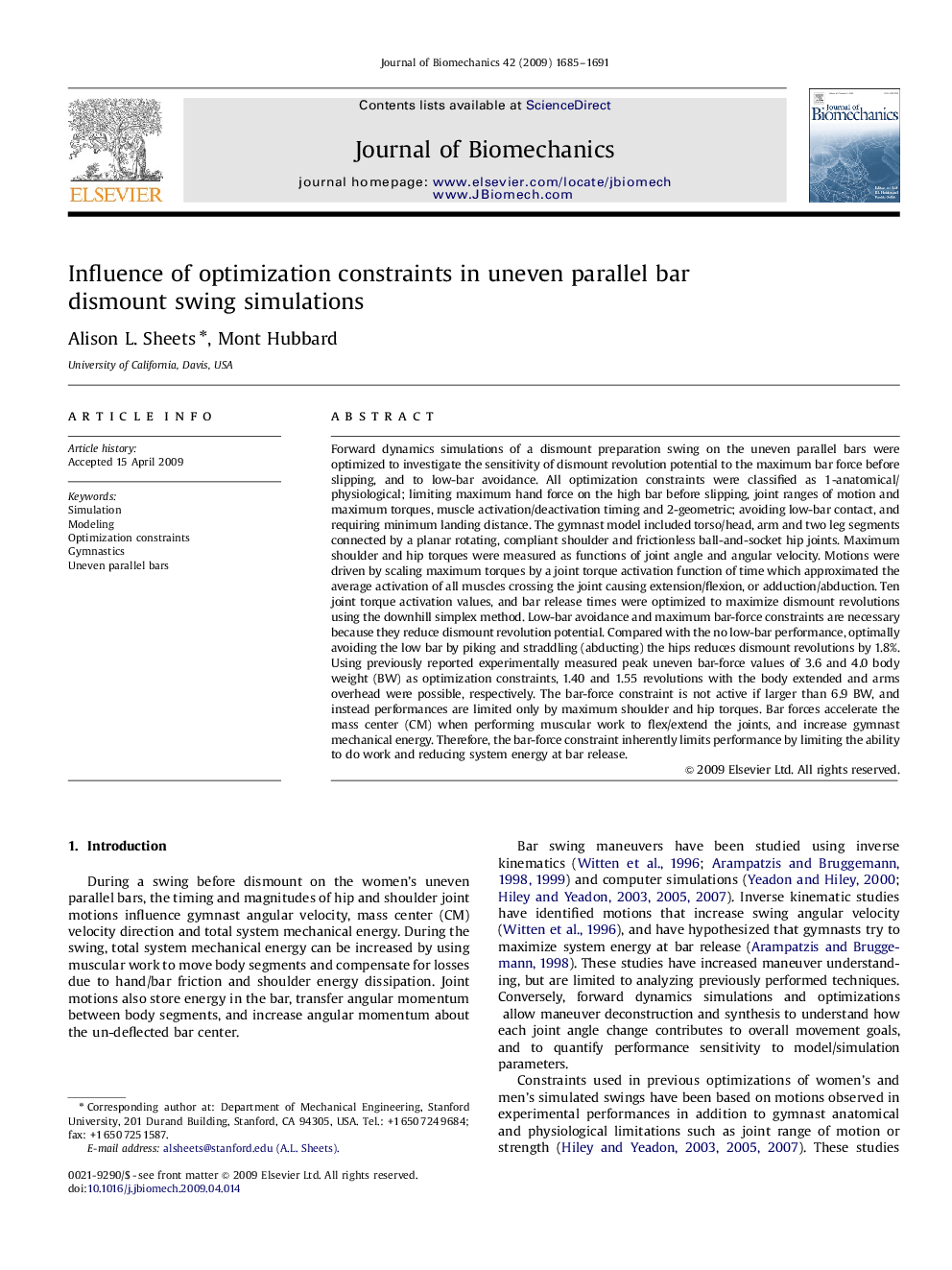 Influence of optimization constraints in uneven parallel bar dismount swing simulations