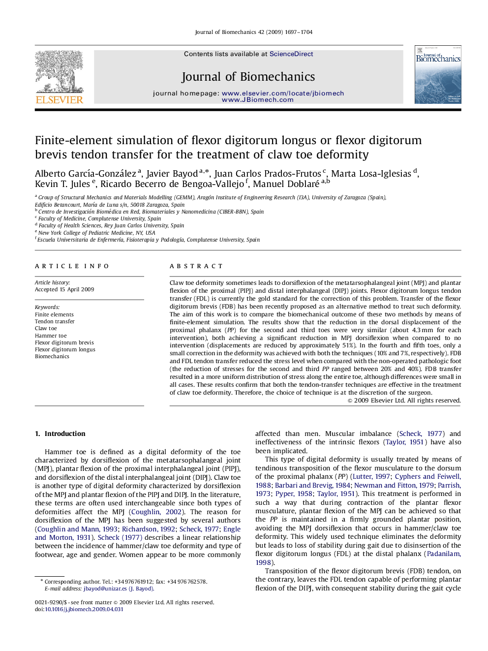 Finite-element simulation of flexor digitorum longus or flexor digitorum brevis tendon transfer for the treatment of claw toe deformity