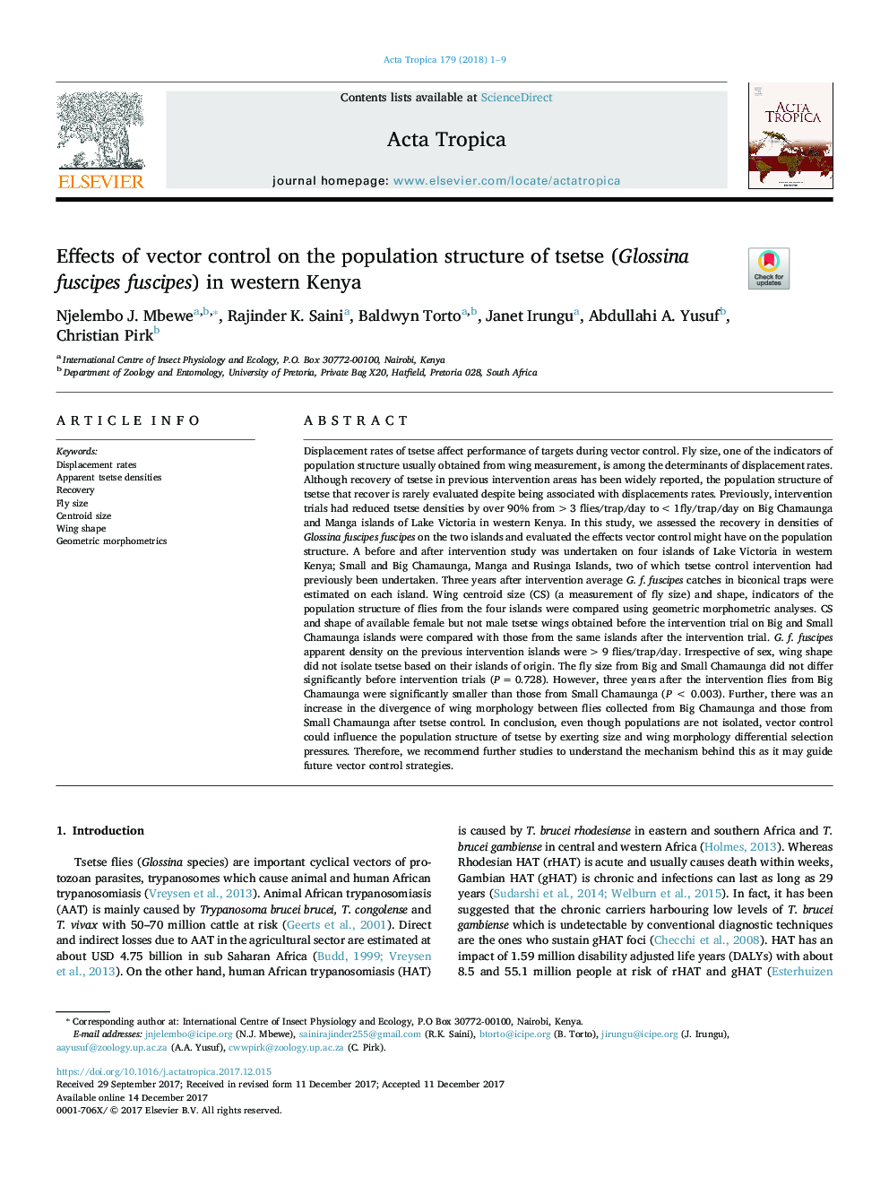 Effects of vector control on the population structure of tsetse (Glossina fuscipes fuscipes) in western Kenya