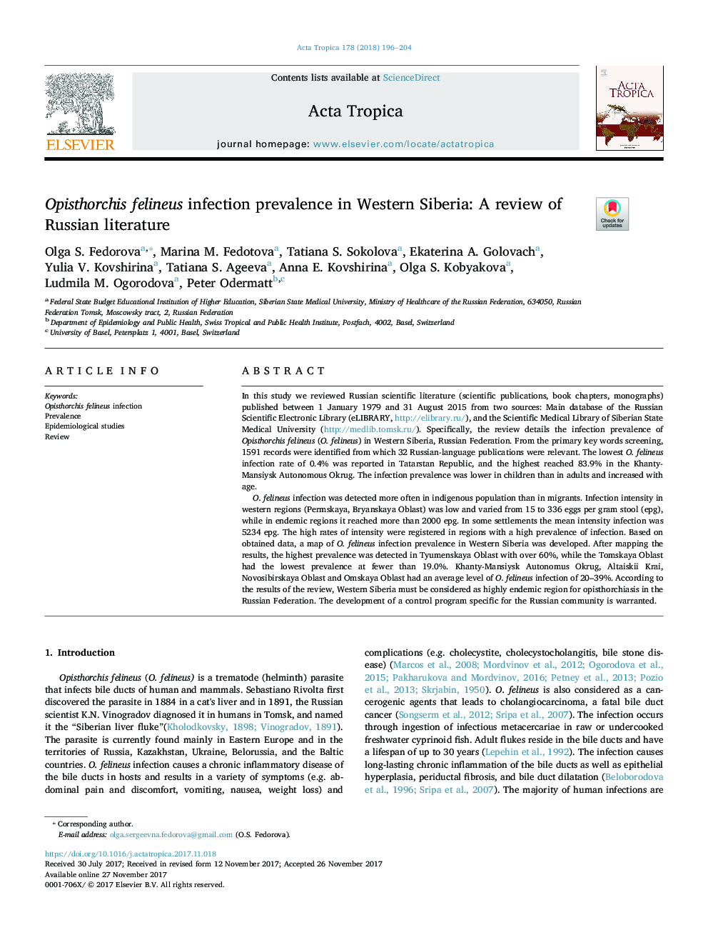 Opisthorchis felineus infection prevalence in Western Siberia: A review of Russian literature