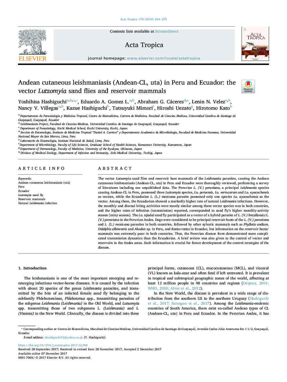 Andean cutaneous leishmaniasis (Andean-CL, uta) in Peru and Ecuador: the vector Lutzomyia sand flies and reservoir mammals