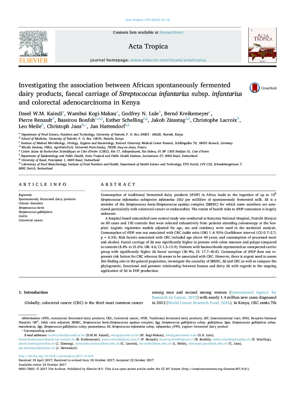 Investigating the association between African spontaneously fermented dairy products, faecal carriage of Streptococcus infantarius subsp. infantarius and colorectal adenocarcinoma in Kenya