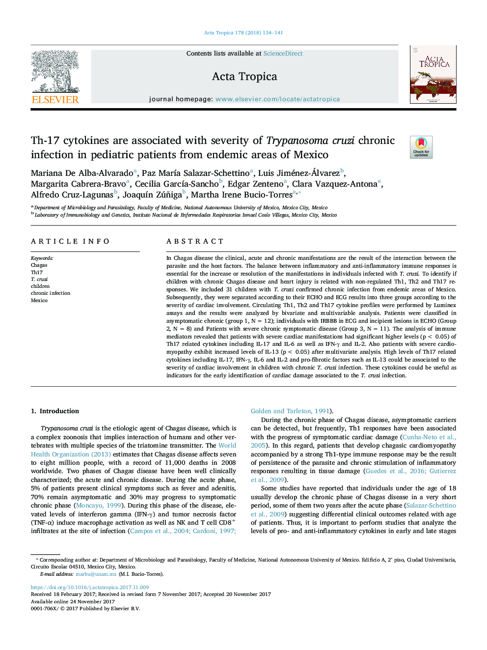 Th-17 cytokines are associated with severity of Trypanosoma cruzi chronic infection in pediatric patients from endemic areas of Mexico