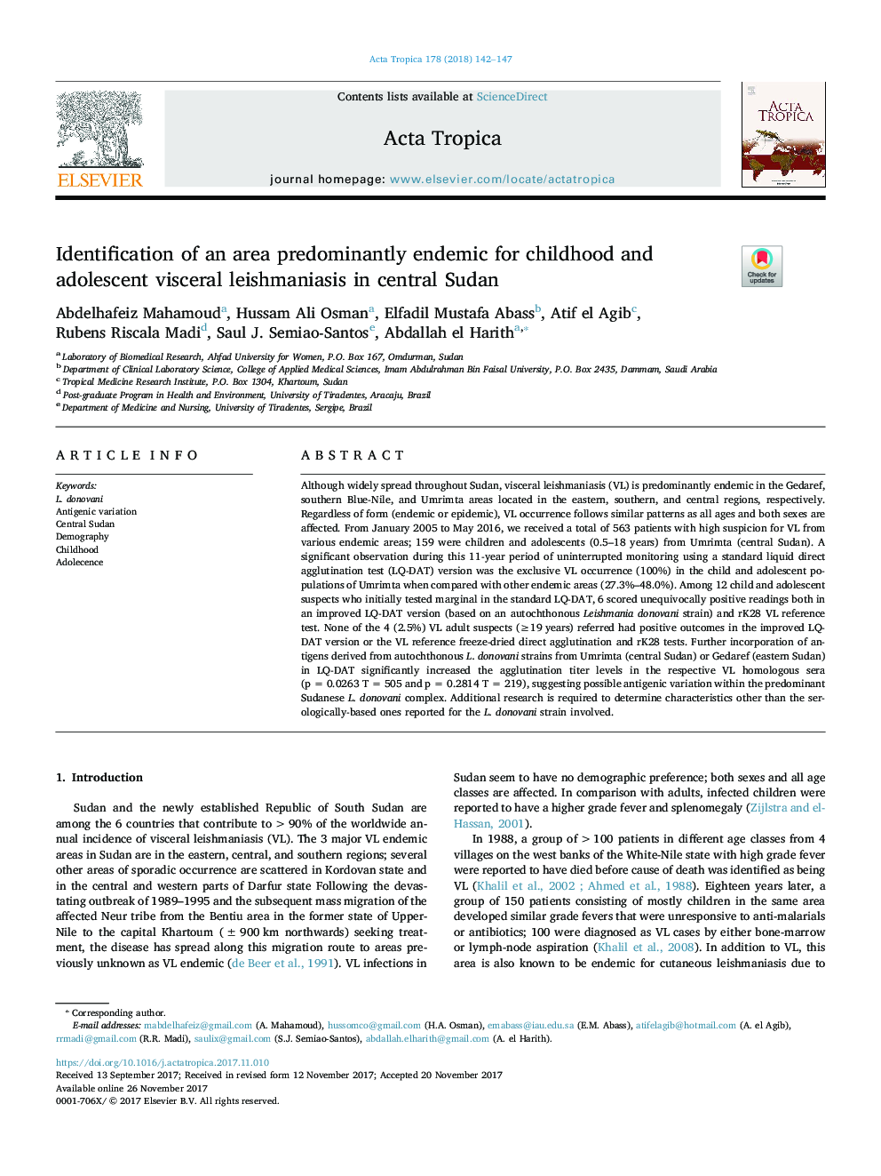 Identification of an area predominantly endemic for childhood and adolescent visceral leishmaniasis in central Sudan