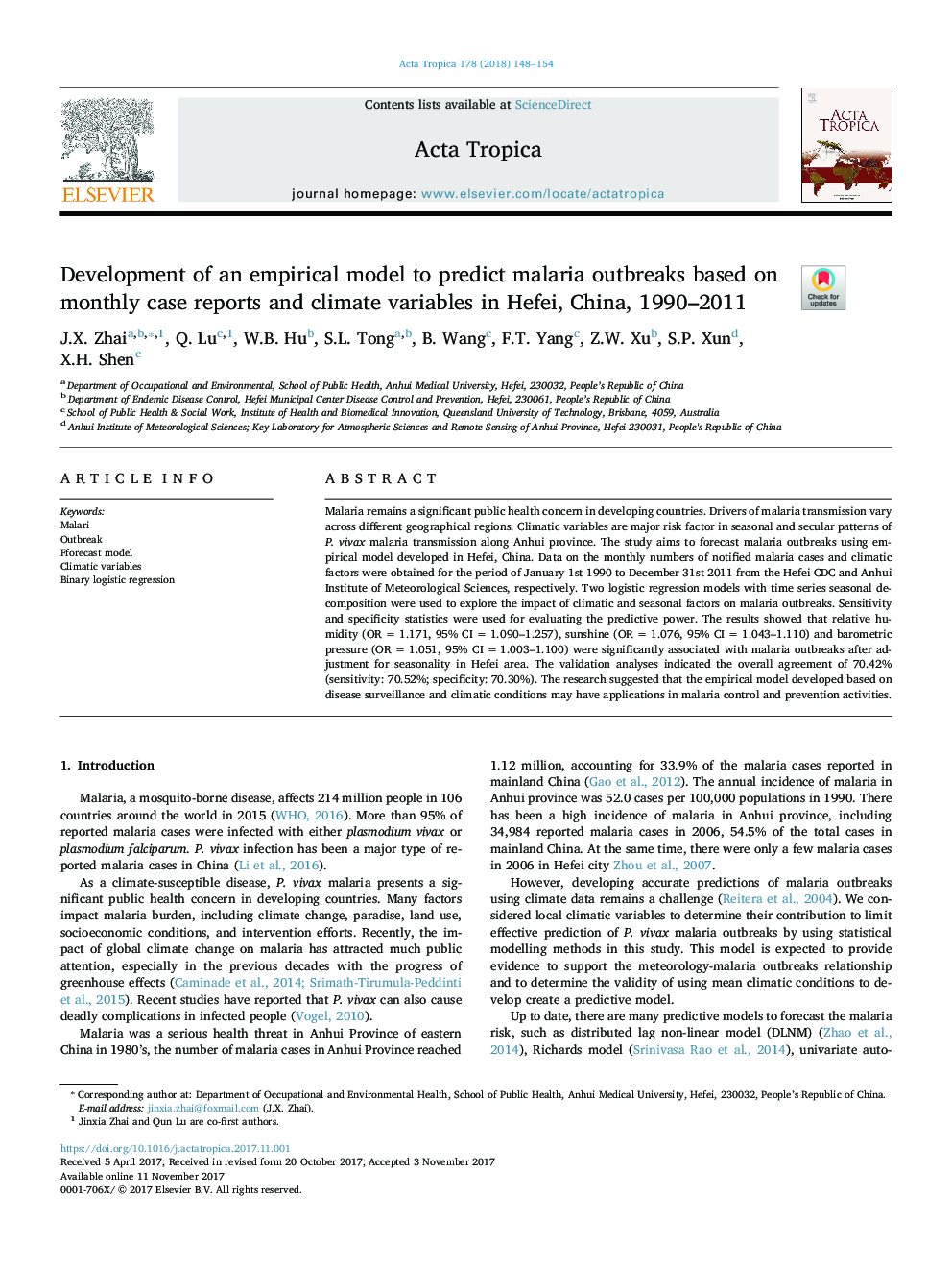 Development of an empirical model to predict malaria outbreaks based on monthly case reports and climate variables in Hefei, China, 1990-2011