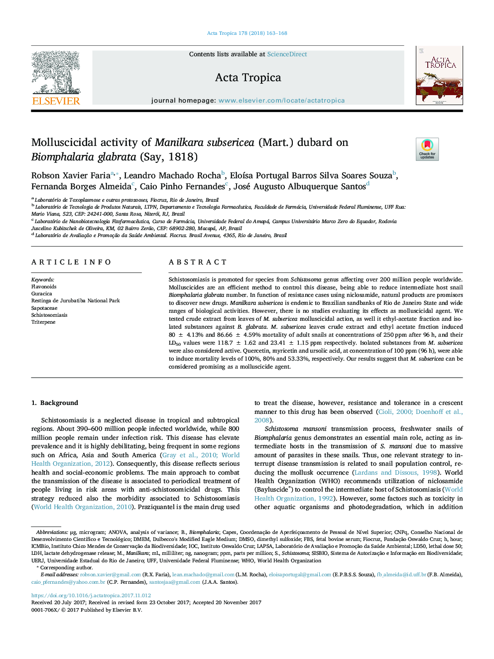 Molluscicidal activity of Manilkara subsericea (Mart.) dubard on Biomphalaria glabrata (Say, 1818)