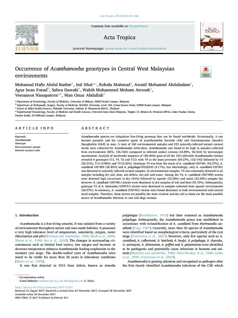 Occurrence of Acanthamoeba genotypes in Central West Malaysian environments