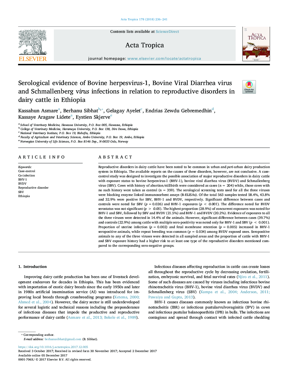 Serological evidence of Bovine herpesvirus-1, Bovine Viral Diarrhea virus and Schmallenberg virus infections in relation to reproductive disorders in dairy cattle in Ethiopia