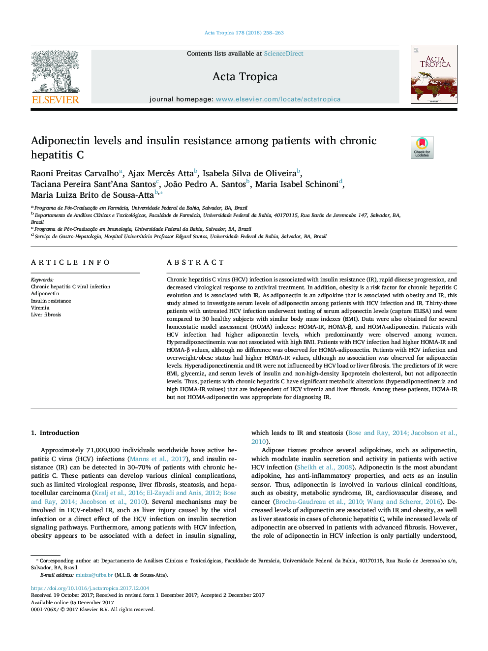 Adiponectin levels and insulin resistance among patients with chronic hepatitis C