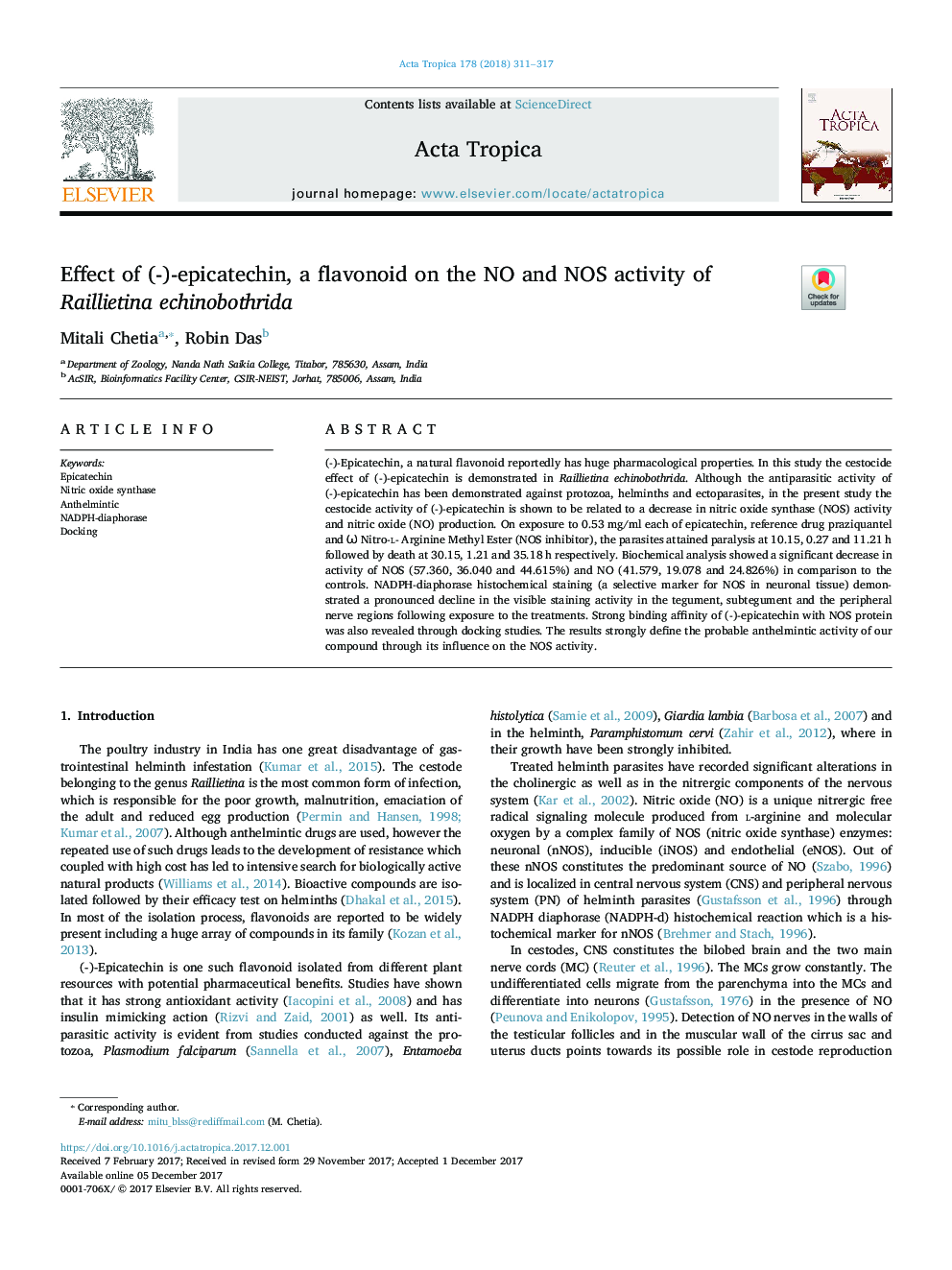 Effect of (-)-epicatechin, a flavonoid on the NO and NOS activity of Raillietina echinobothrida