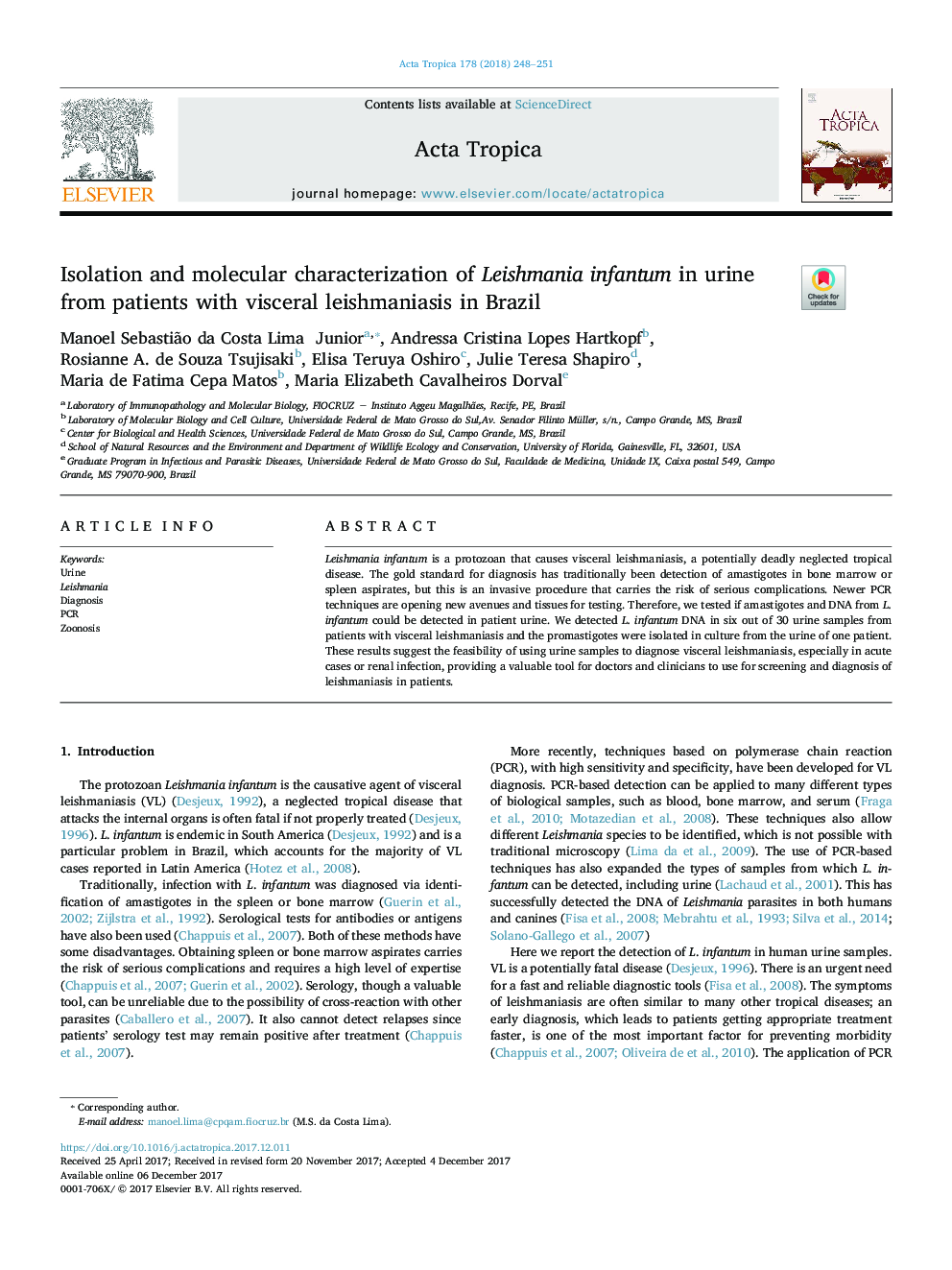 Isolation and molecular characterization of Leishmania infantum in urine from patients with visceral leishmaniasis in Brazil