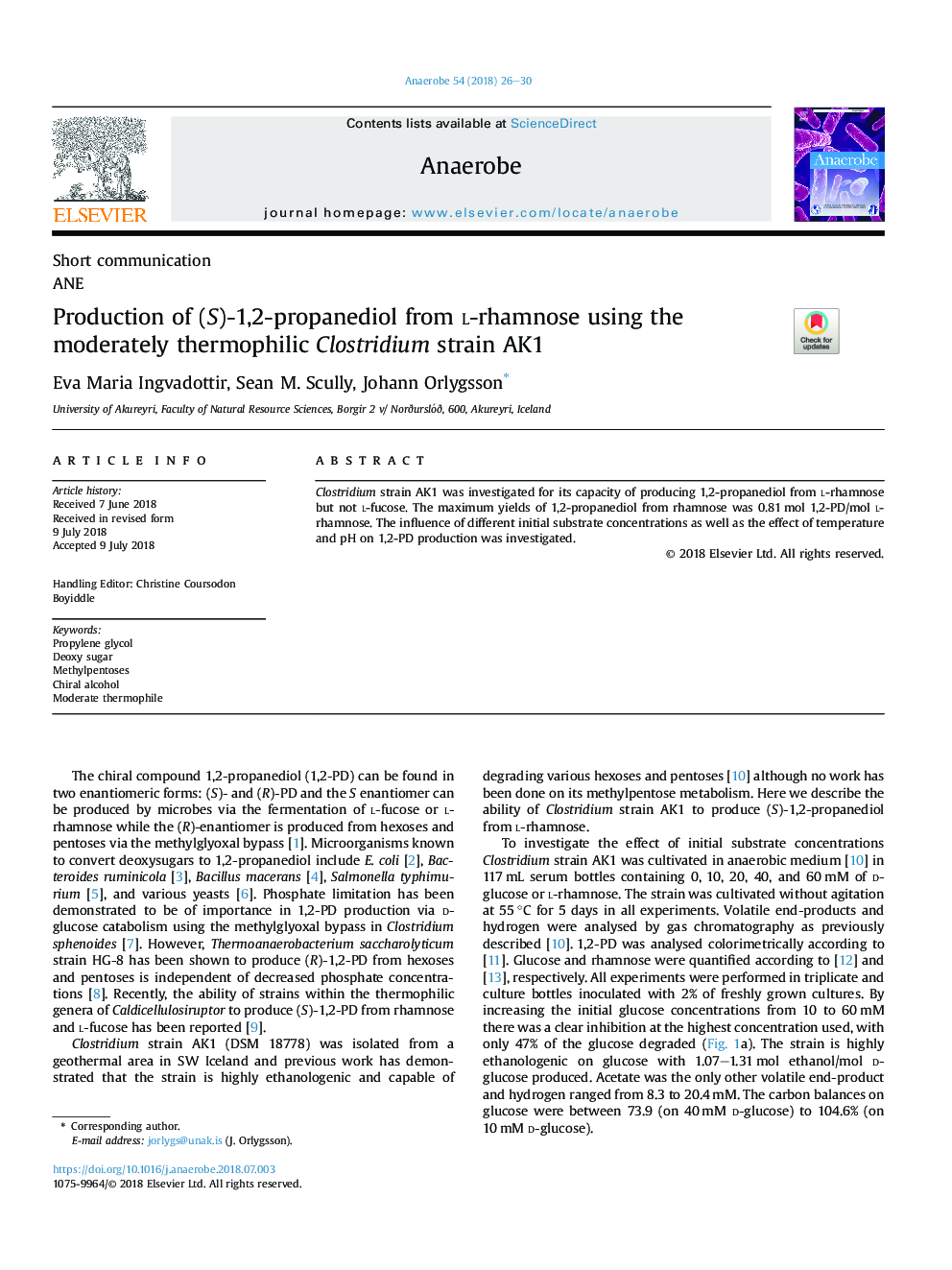 Production of (S)-1,2-propanediol from l-rhamnose using the moderately thermophilic Clostridium strain AK1