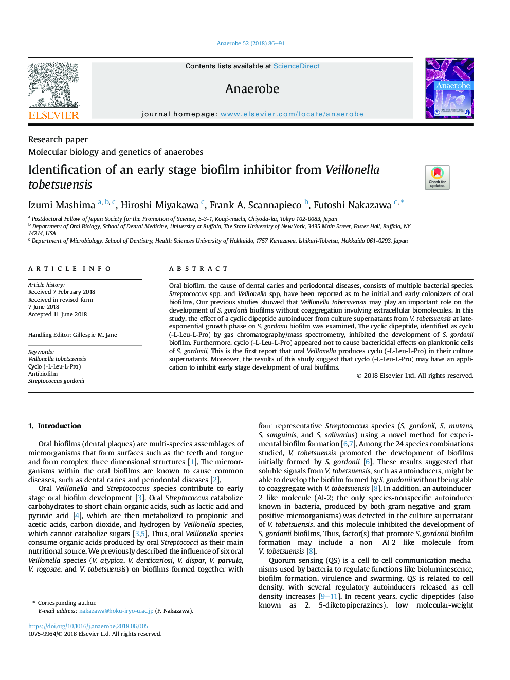 Identification of an early stage biofilm inhibitor from Veillonella tobetsuensis