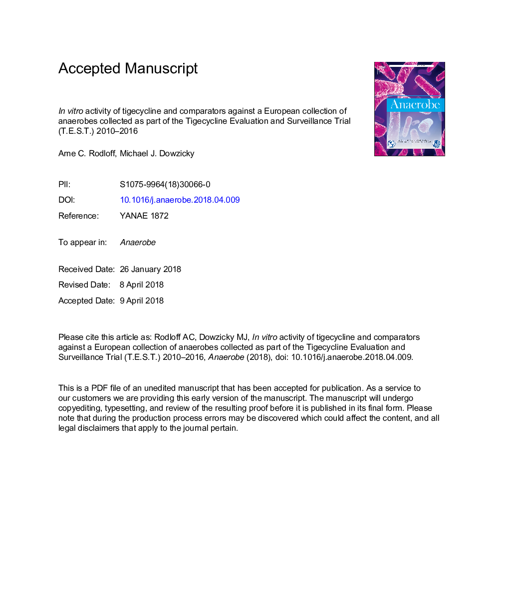 InÂ vitro activity of tigecycline and comparators against a European collection of anaerobes collected as part of the Tigecycline Evaluation and Surveillance Trial (T.E.S.T.) 2010-2016