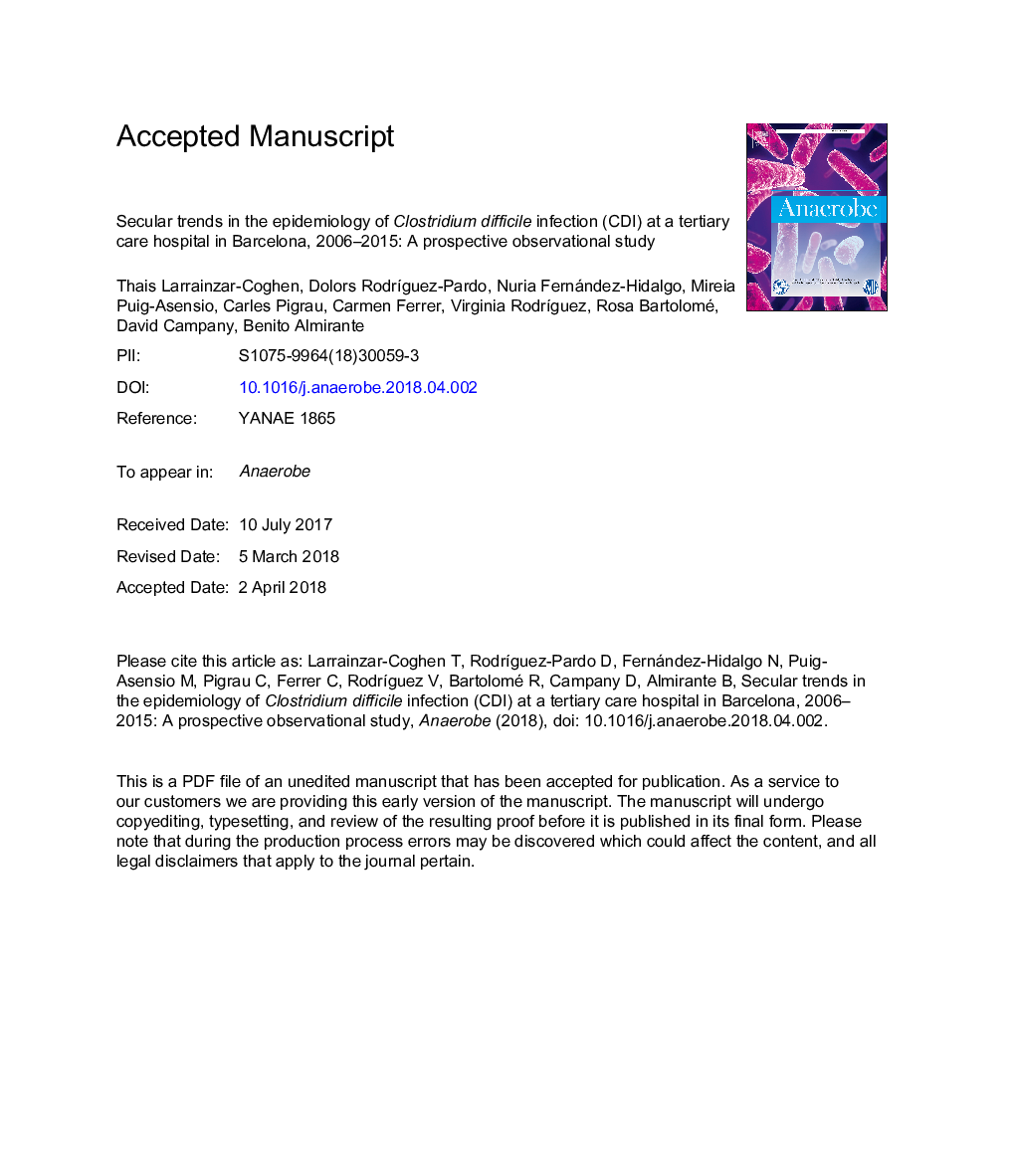 Secular trends in the epidemiology of Clostridium difficile infection (CDI) at a tertiary care hospital in Barcelona, 2006-2015: A prospective observational study