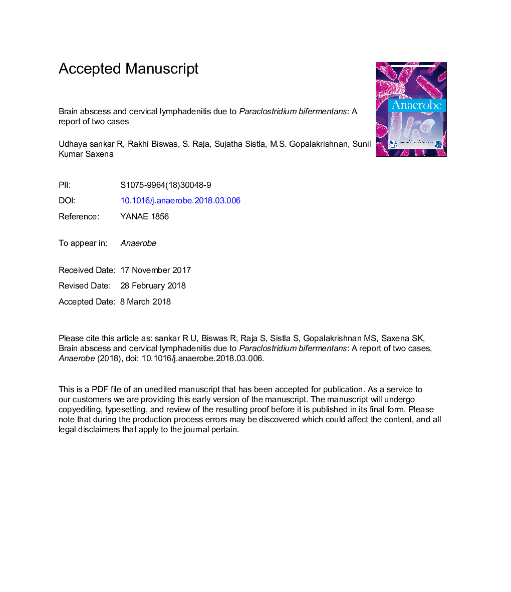 Brain abscess and cervical lymphadenitis due to Paraclostridium bifermentans: A report of two cases