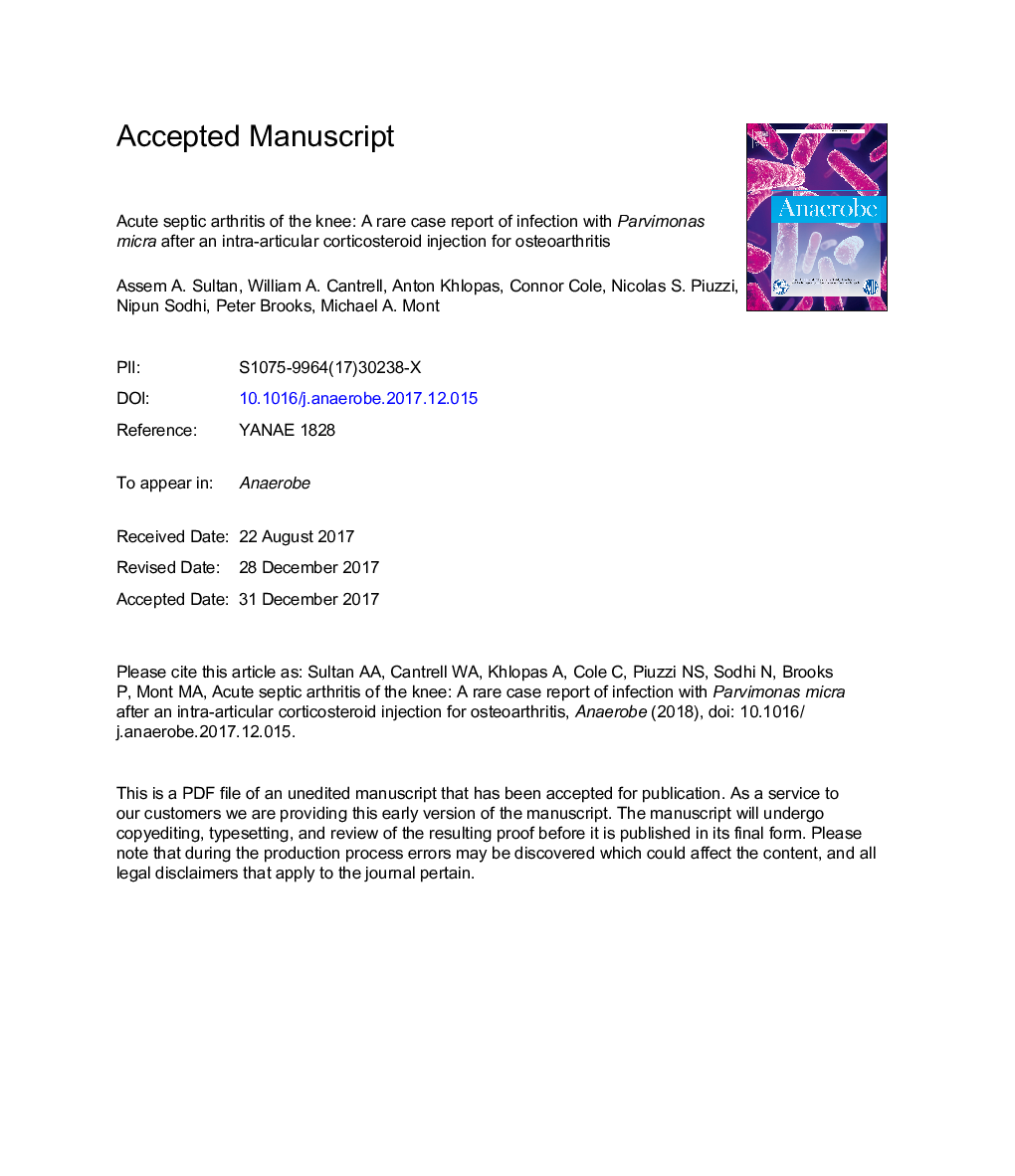 Acute septic arthritis of the knee: A rare case report of infection with Parvimonas micra after an intra-articular corticosteroid injection for osteoarthritis