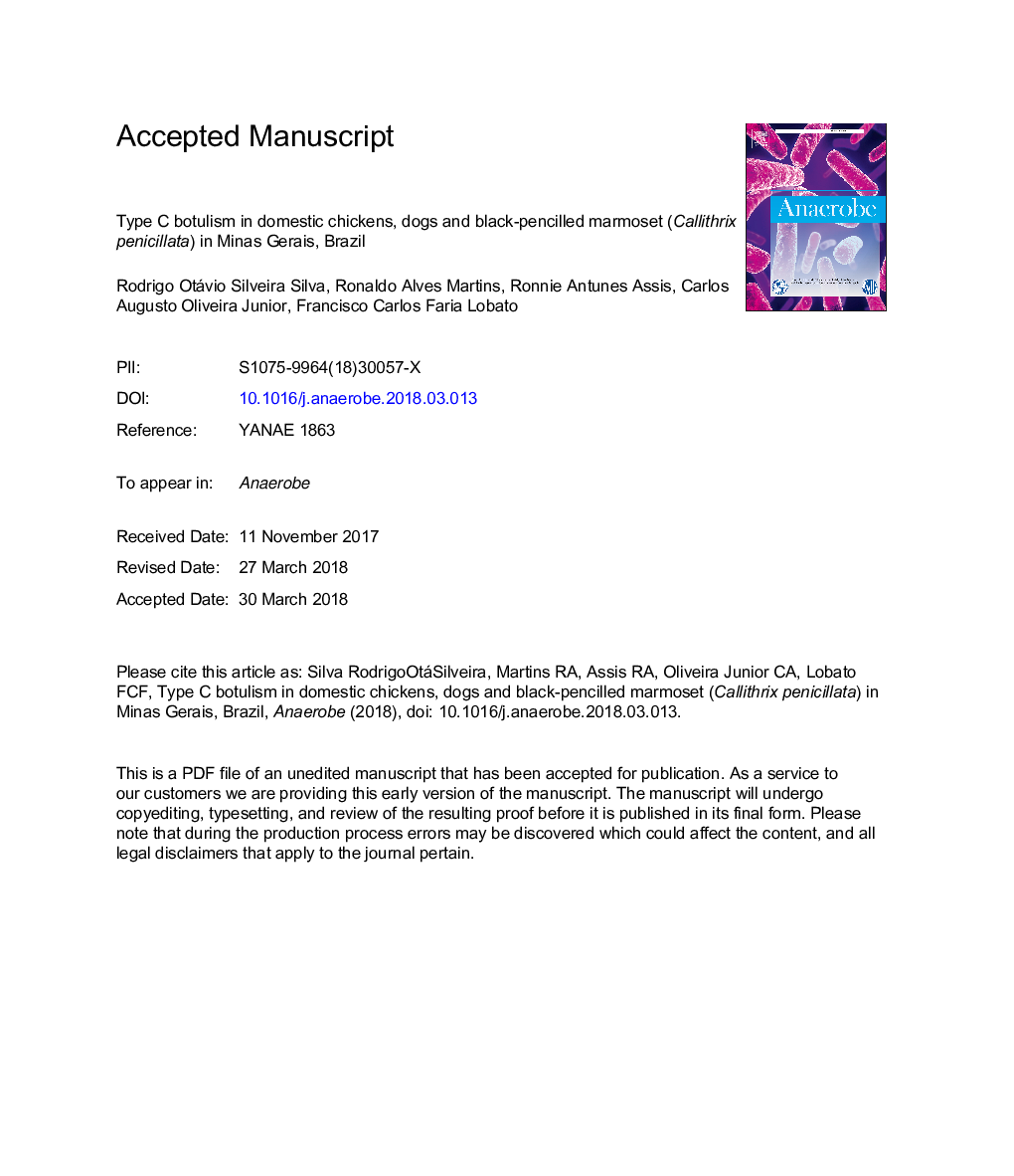 Type C botulism in domestic chickens, dogs and black-pencilled marmoset (Callithrix penicillata) in Minas Gerais, Brazil