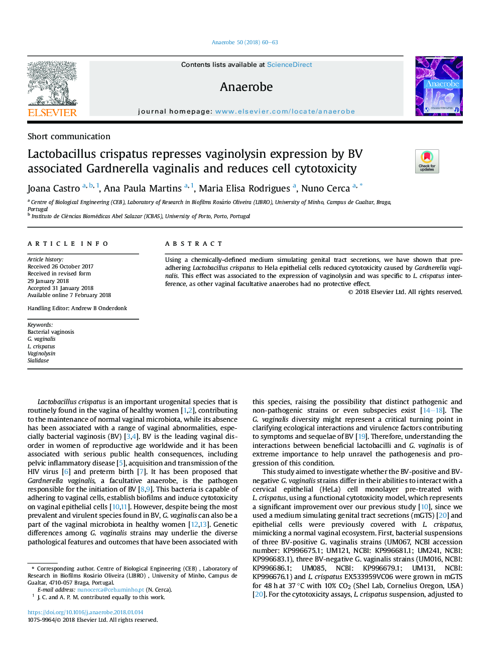 Lactobacillus crispatus represses vaginolysin expression by BV associated Gardnerella vaginalis and reduces cell cytotoxicity