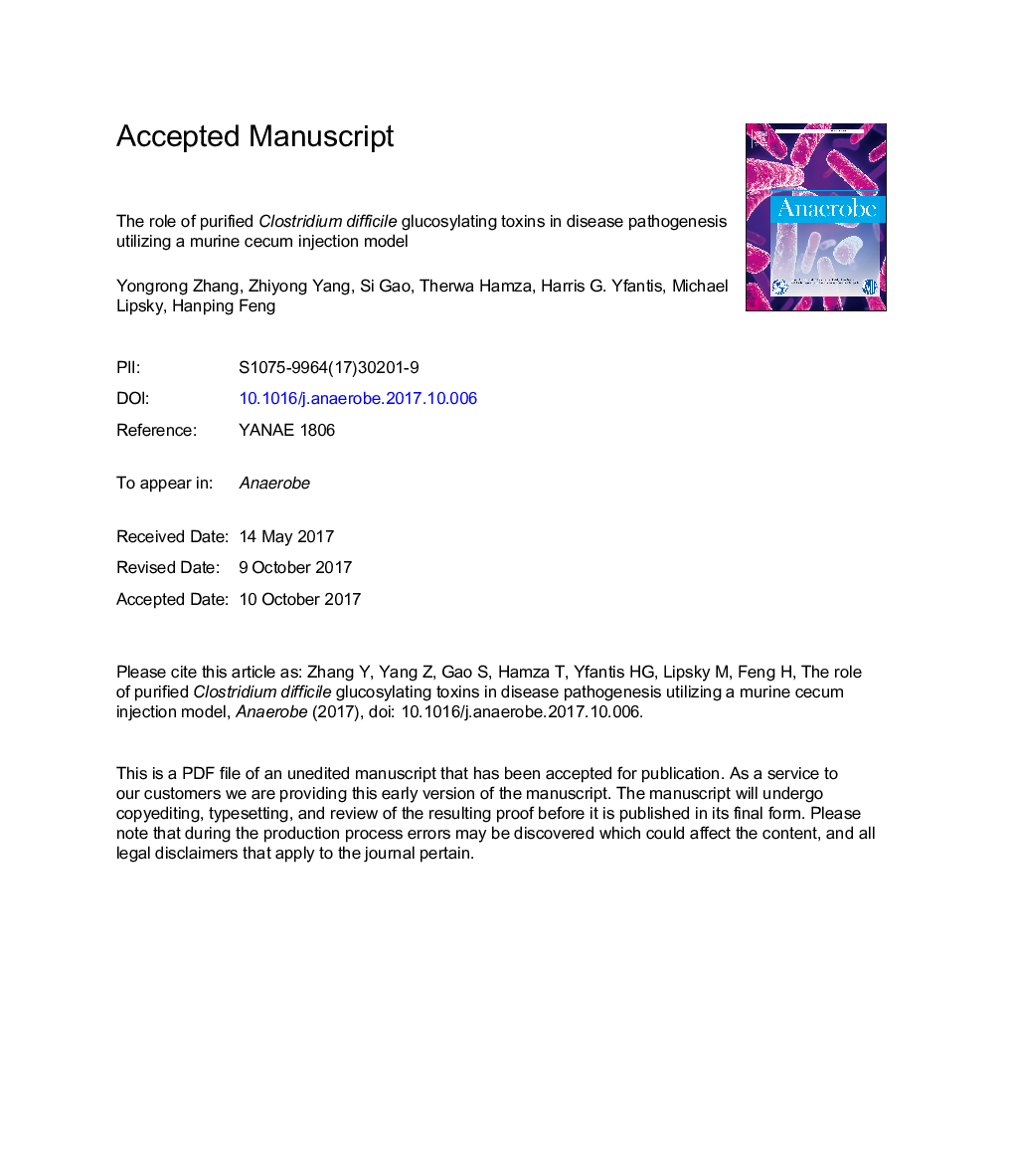 The role of purified Clostridium difficile glucosylating toxins in disease pathogenesis utilizing a murine cecum injection model