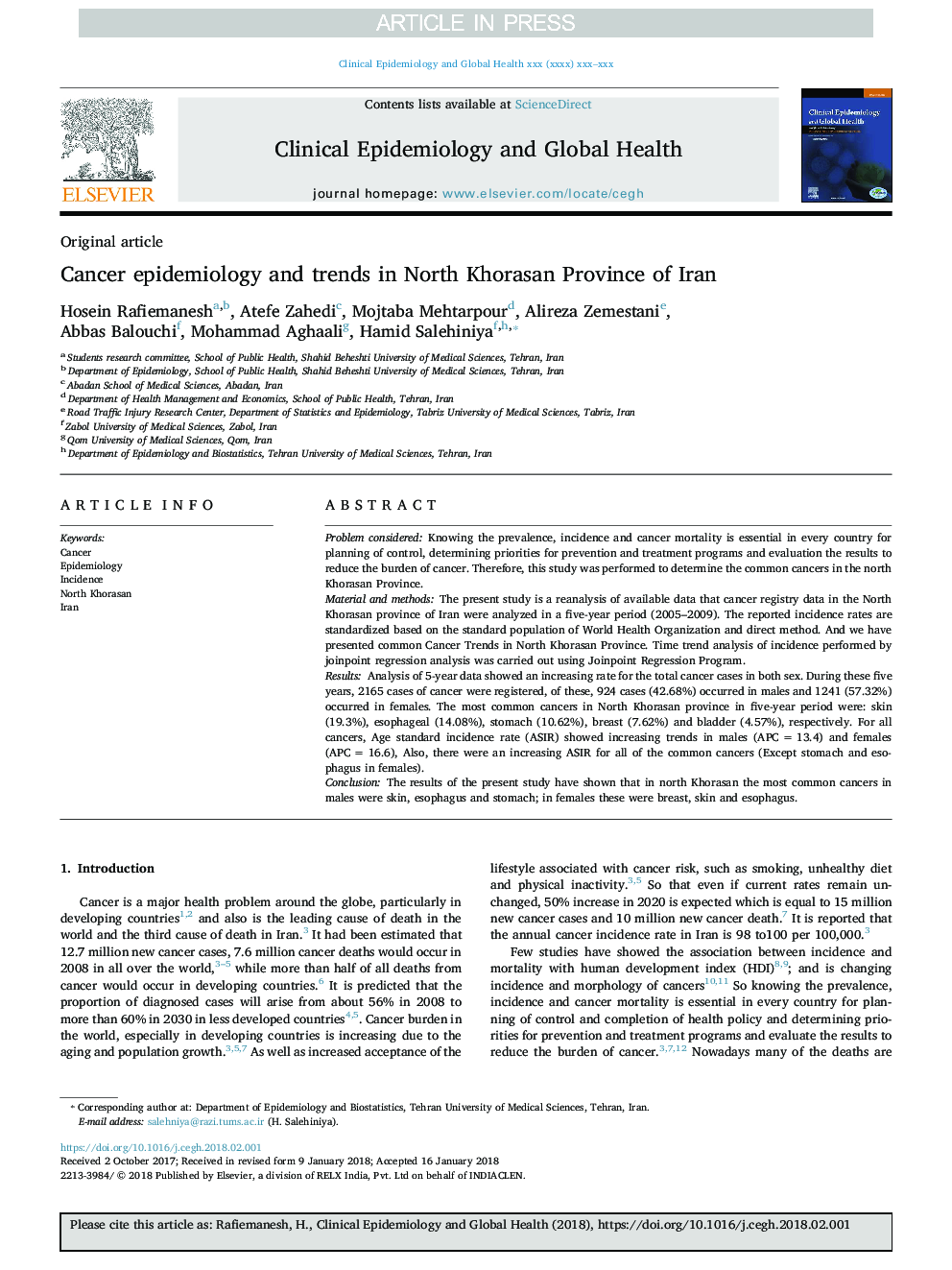 Cancer epidemiology and trends in North Khorasan Province of Iran