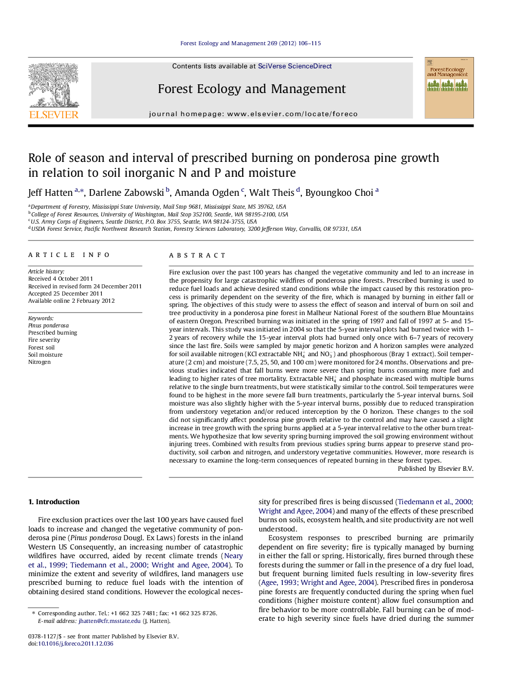 Role of season and interval of prescribed burning on ponderosa pine growth in relation to soil inorganic N and P and moisture