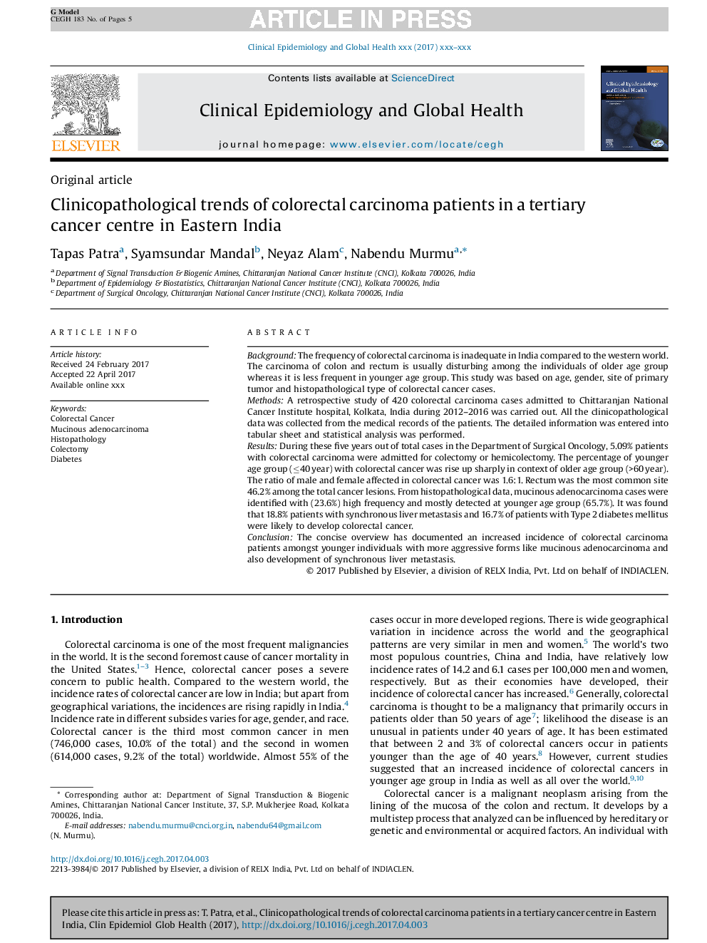 Clinicopathological trends of colorectal carcinoma patients in a tertiary cancer centre in Eastern India