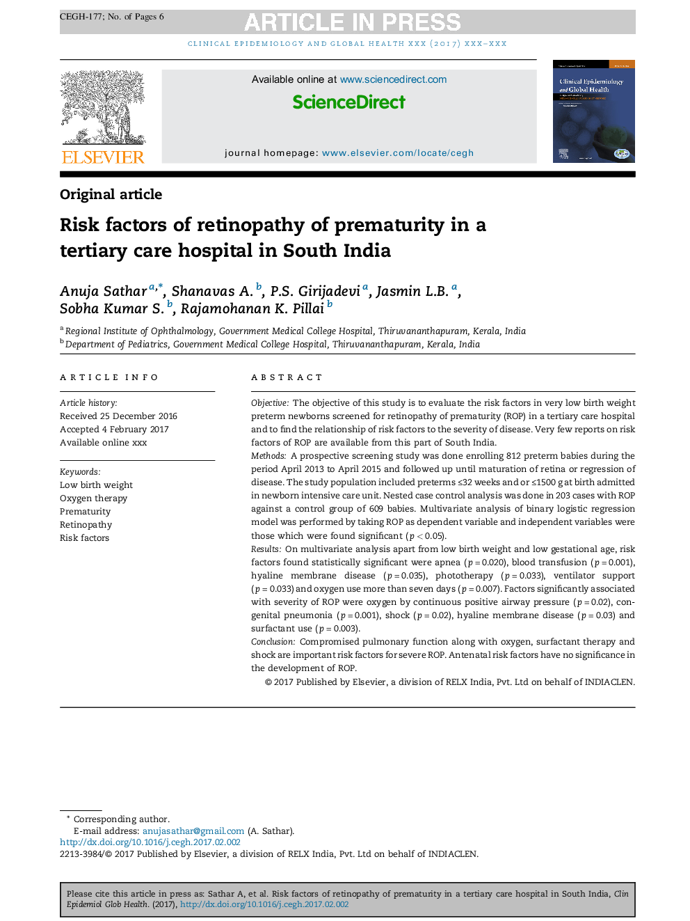 Risk factors of retinopathy of prematurity in a tertiary care hospital in South India