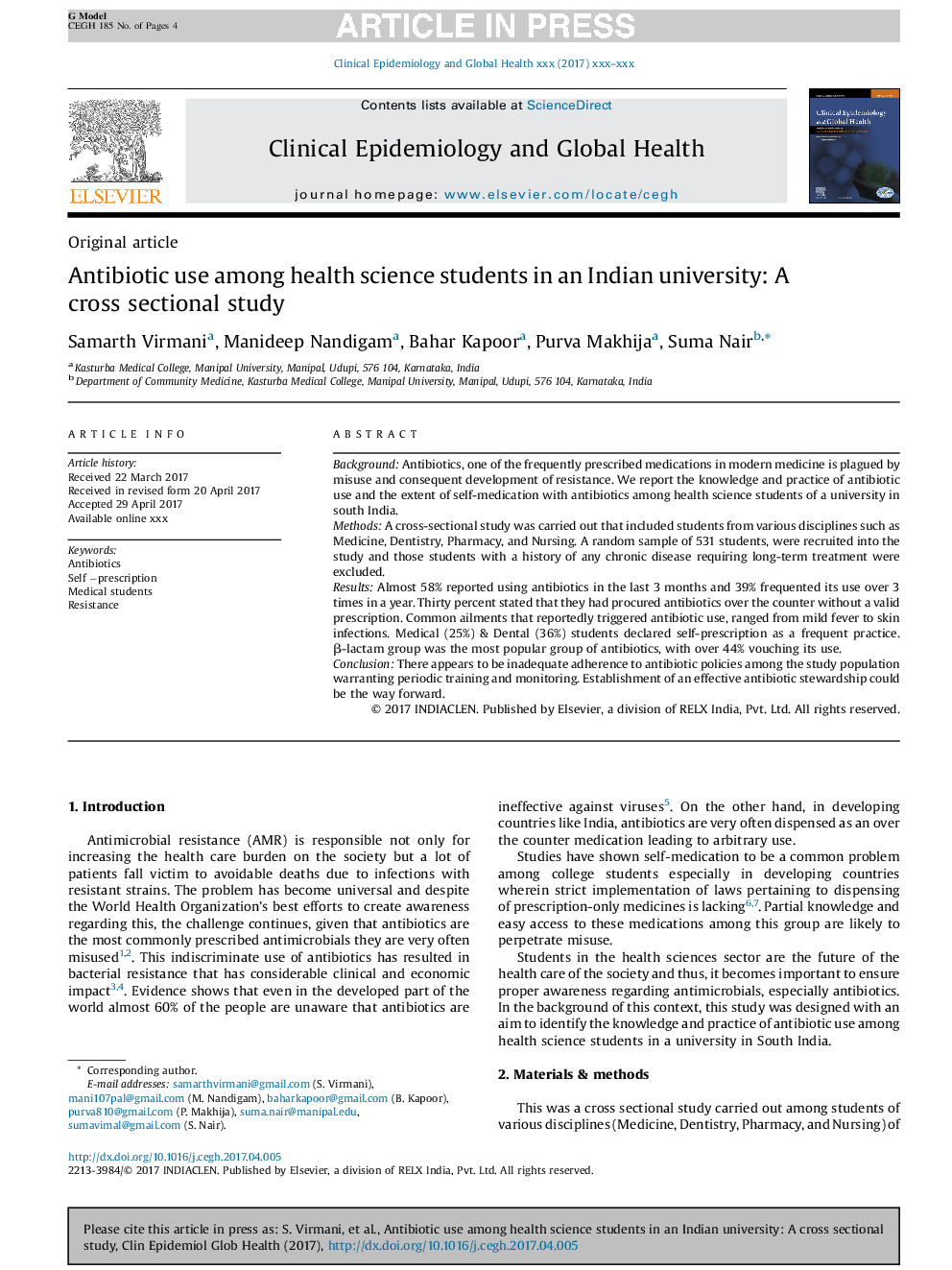 Antibiotic use among health science students in an Indian university: A cross sectional study