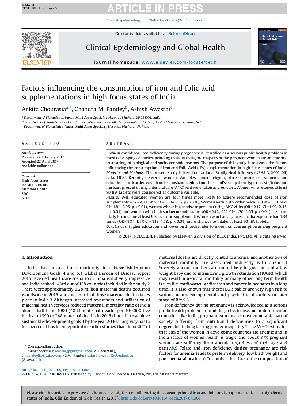 Factors influencing the consumption of iron and folic acid supplementations in high focus states of India