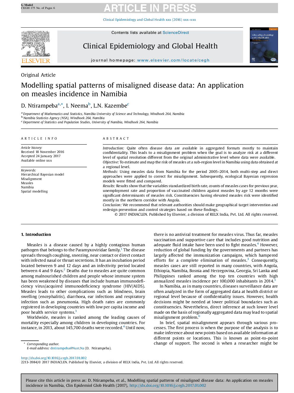 Modelling spatial patterns of misaligned disease data: An application on measles incidence in Namibia