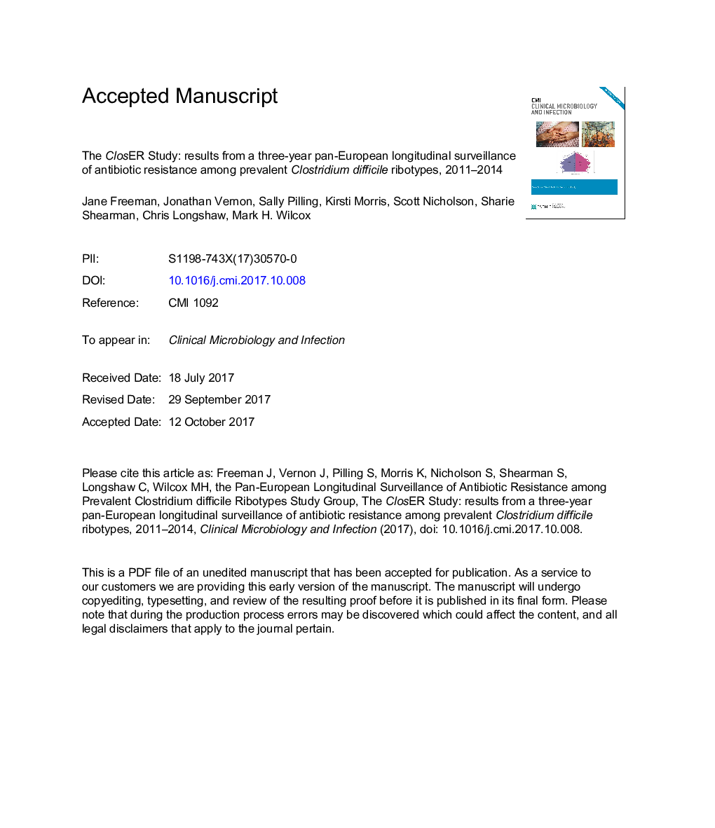 The ClosER study: results from a three-year pan-European longitudinal surveillance of antibiotic resistance among prevalent Clostridium difficile ribotypes, 2011-2014