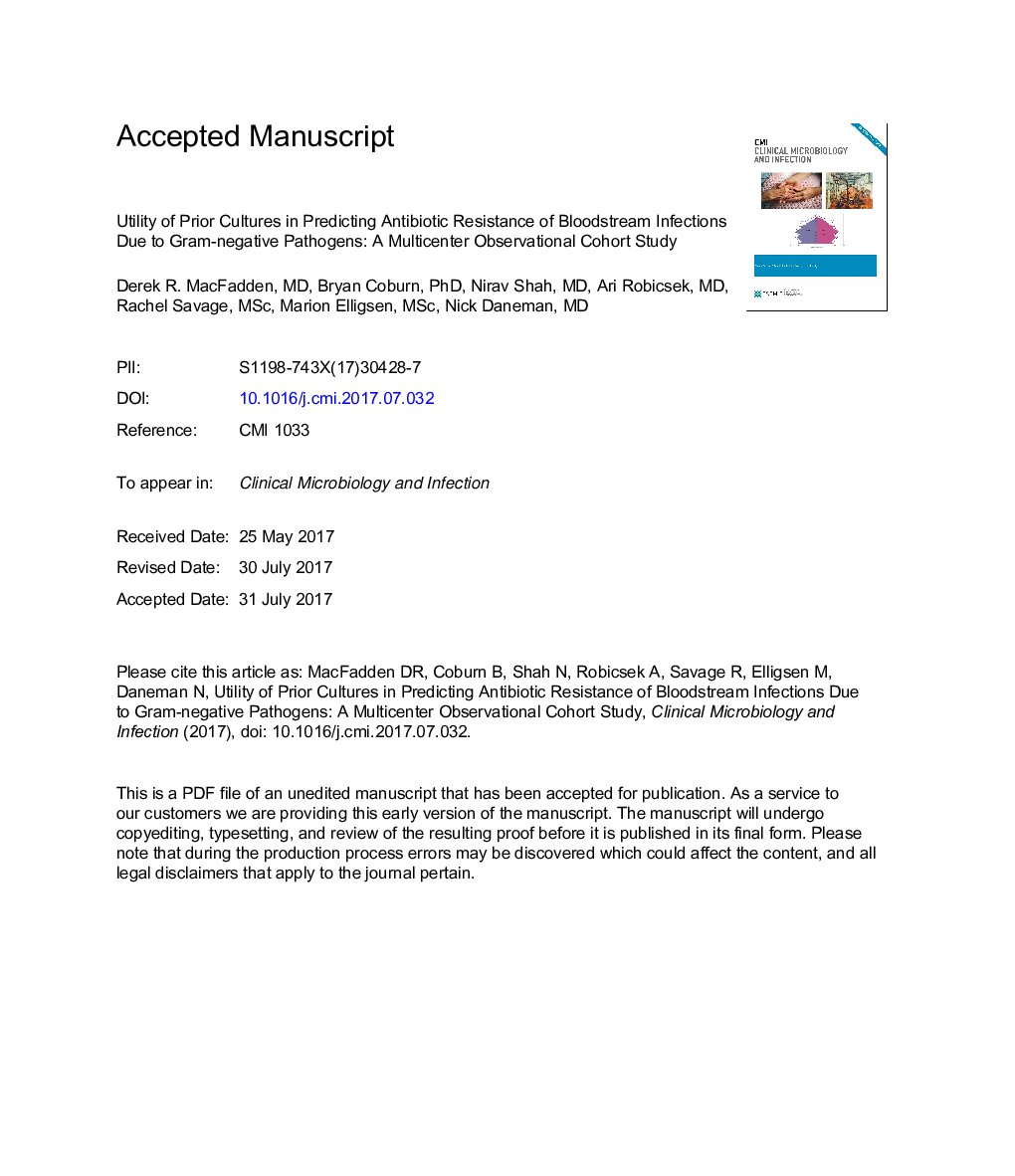 سودمندی فرهنگ های قبلی در پیش بینی مقاومت آنتی بیوتیک عفونت های خونریزی به علت پاتوژن های گرم منفی: مطالعات کوهورت مشاهدات چندگانه 