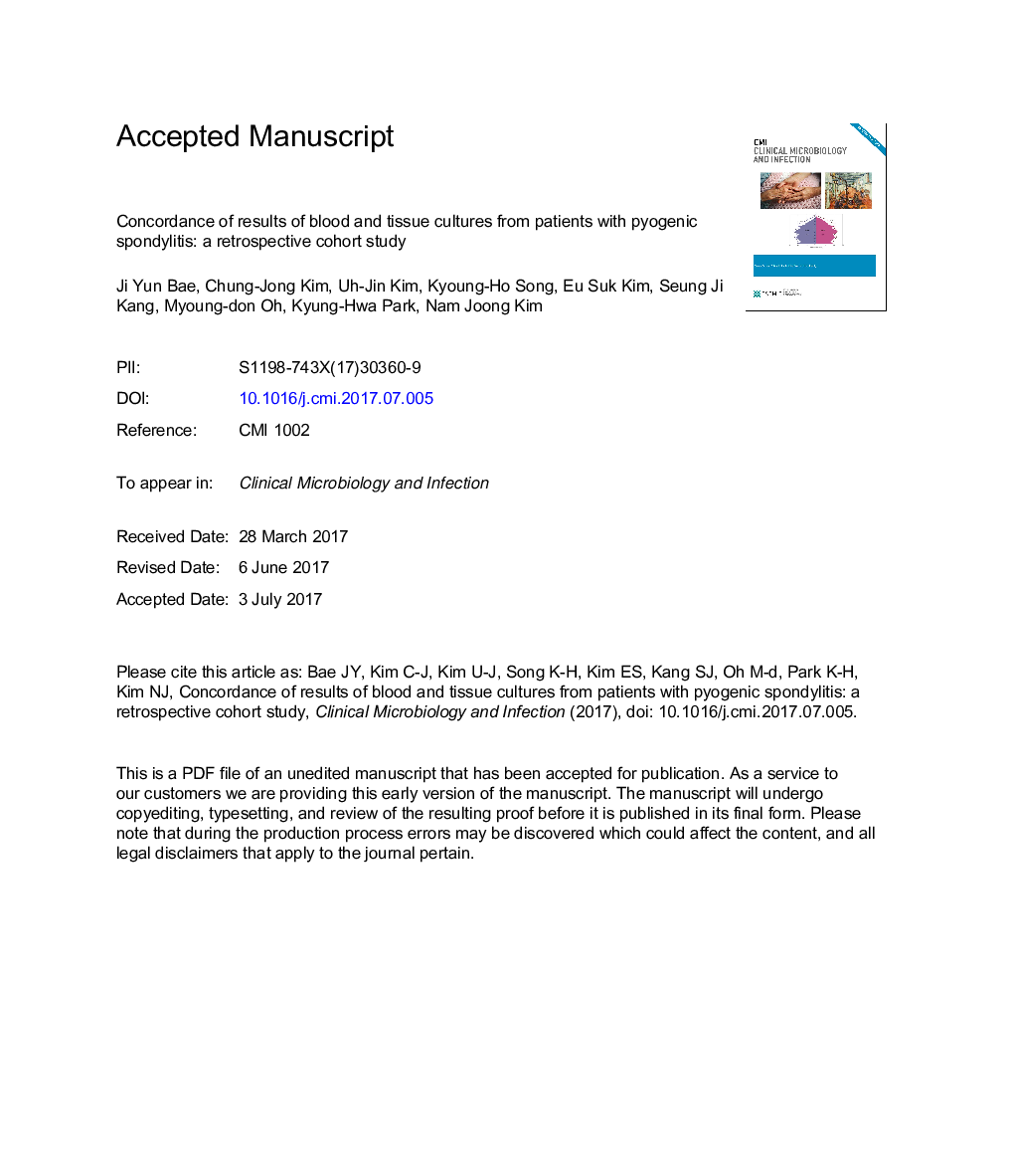 Concordance of results of blood and tissue cultures from patients withÂ pyogenic spondylitis: a retrospective cohort study