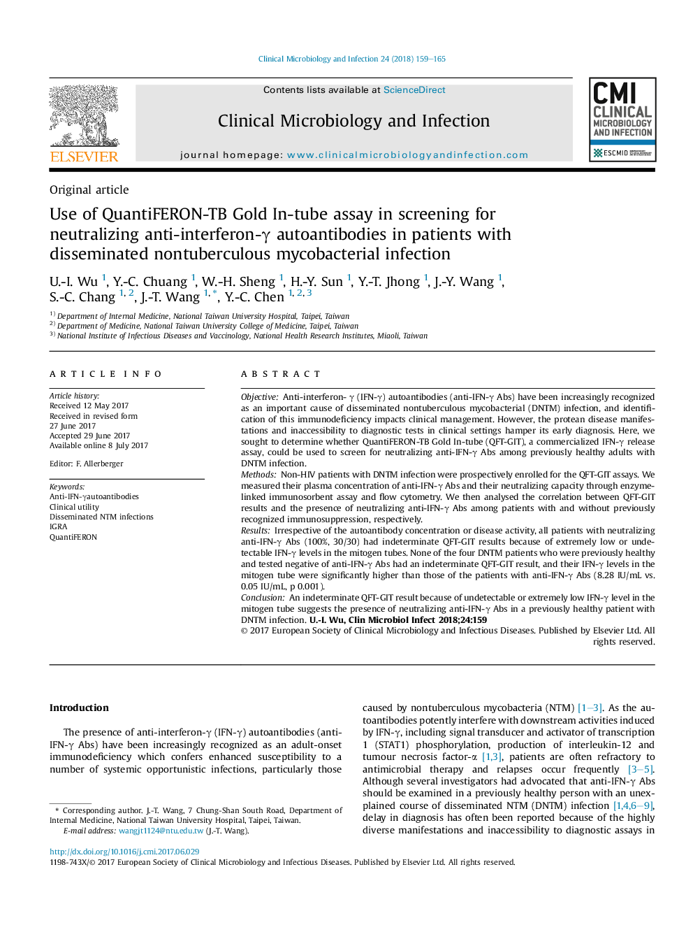 Use of QuantiFERON-TB Gold In-tube assay in screening for neutralizing anti-interferon-Î³ autoantibodies in patients with disseminated nontuberculous mycobacterial infection