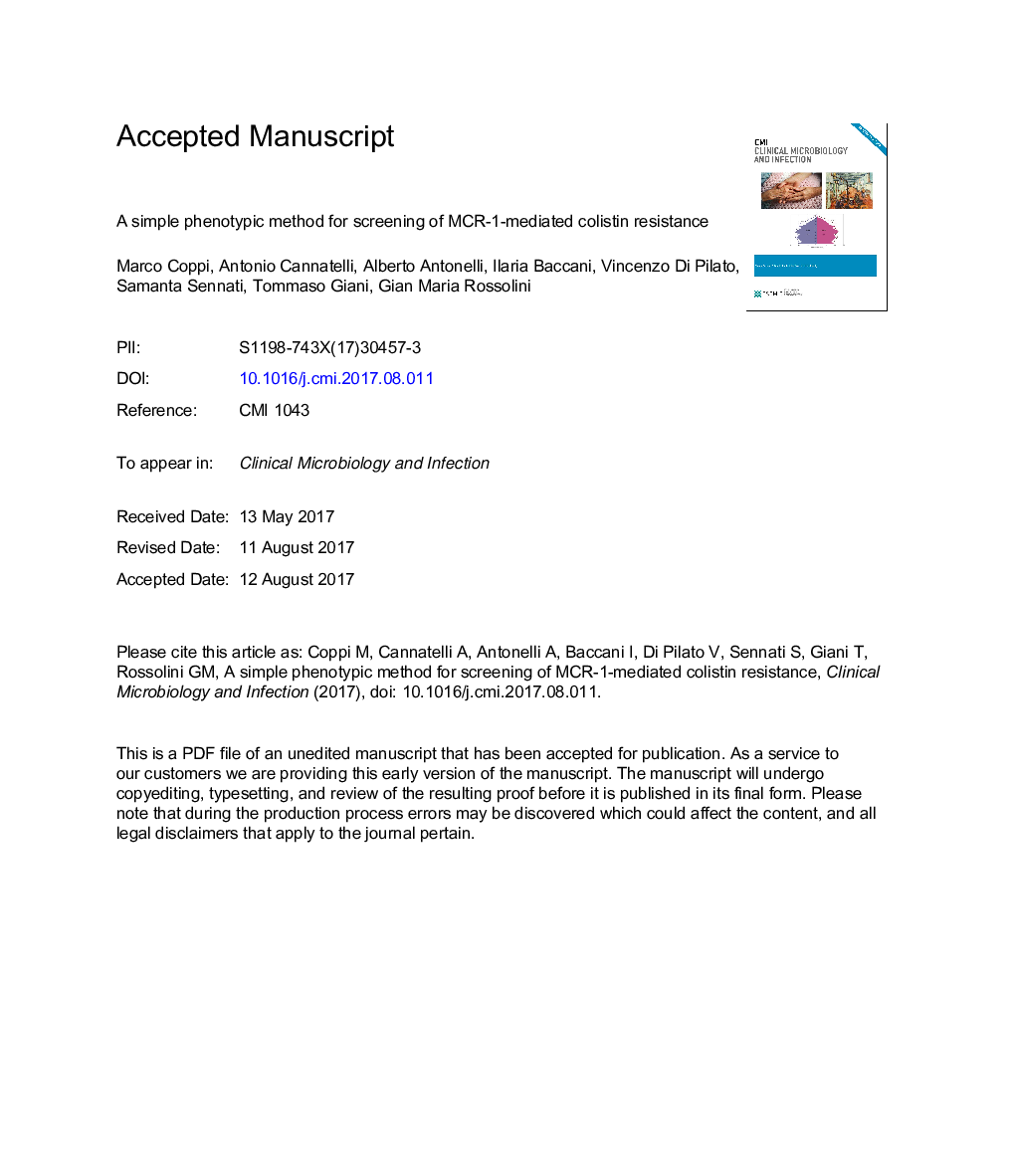 A simple phenotypic method for screening of MCR-1-mediated colistin resistance