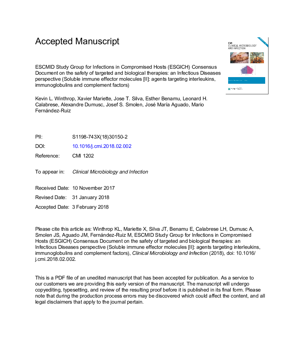 ESCMID Study Group for Infections in Compromised Hosts (ESGICH) Consensus Document on the safety of targeted and biological therapies: an infectious diseases perspective (Soluble immune effector molecules [II]: agents targeting interleukins, immunoglobuli