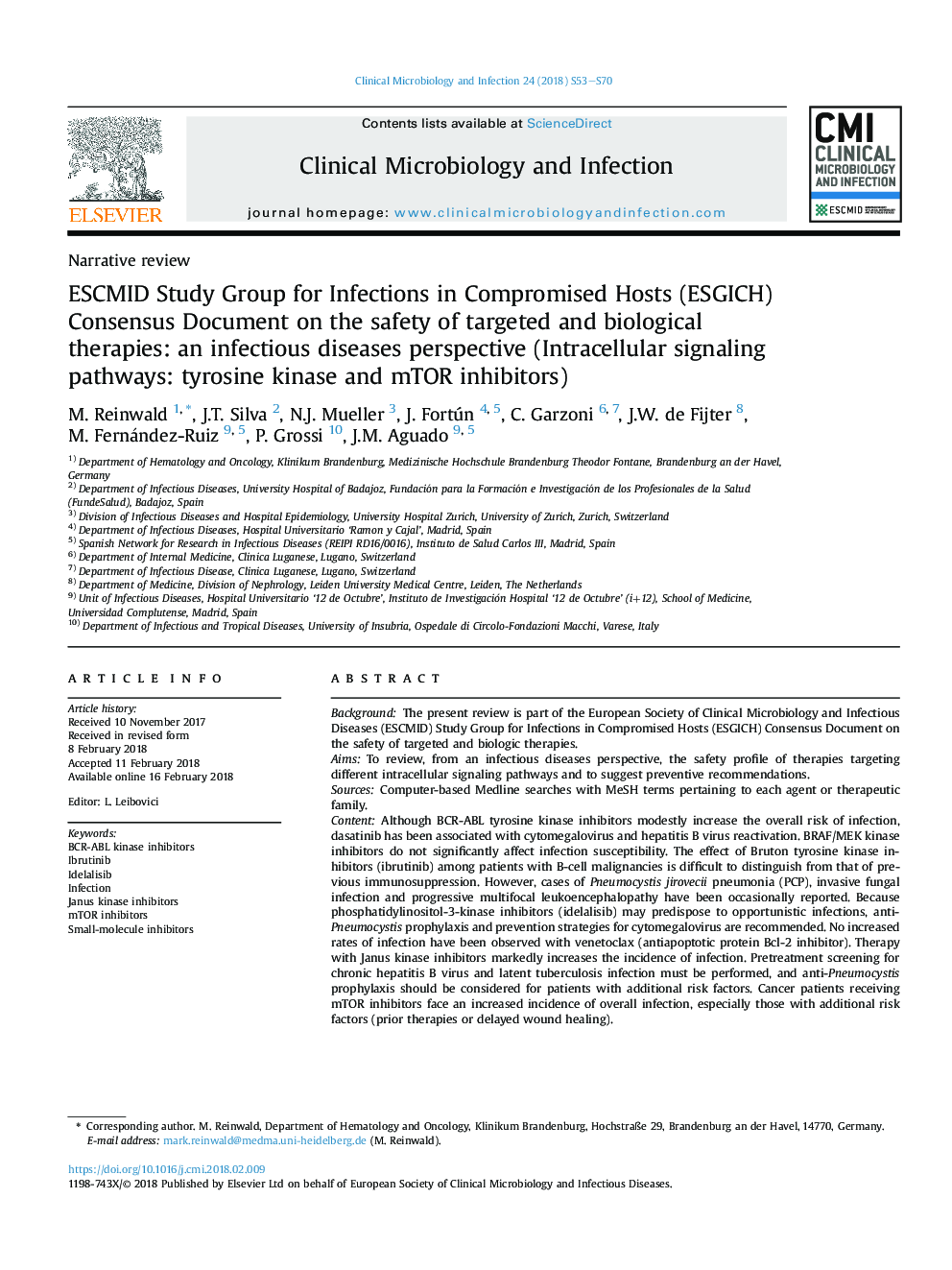 ESCMID Study Group for Infections in Compromised Hosts (ESGICH) Consensus Document on the safety of targeted and biological therapies: an infectious diseases perspective (Intracellular signaling pathways: tyrosine kinase and mTOR inhibitors)