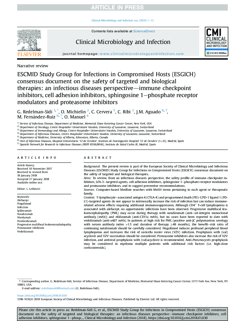 ESCMID Study Group for Infections in Compromised Hosts (ESGICH) Consensus Document on the safety of targeted and biological therapies: an infectious diseases perspective (Immune checkpoint inhibitors, cell adhesion inhibitors, sphingosine-1-phosphate rece