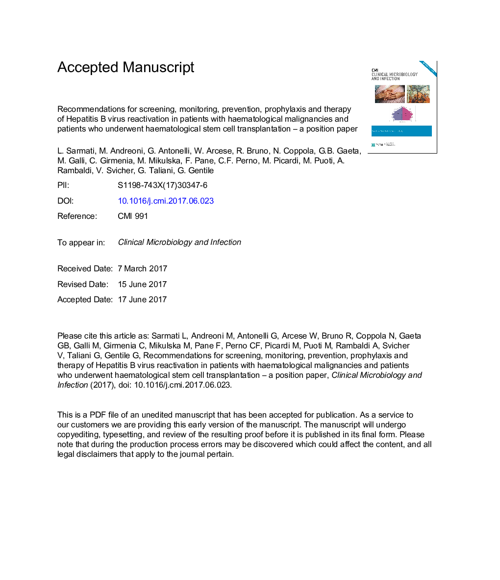 Recommendations for screening, monitoring, prevention, prophylaxis and therapy of hepatitis B virus reactivation in patients with haematologic malignancies and patients who underwent haematologic stem cell transplantation-a position paper