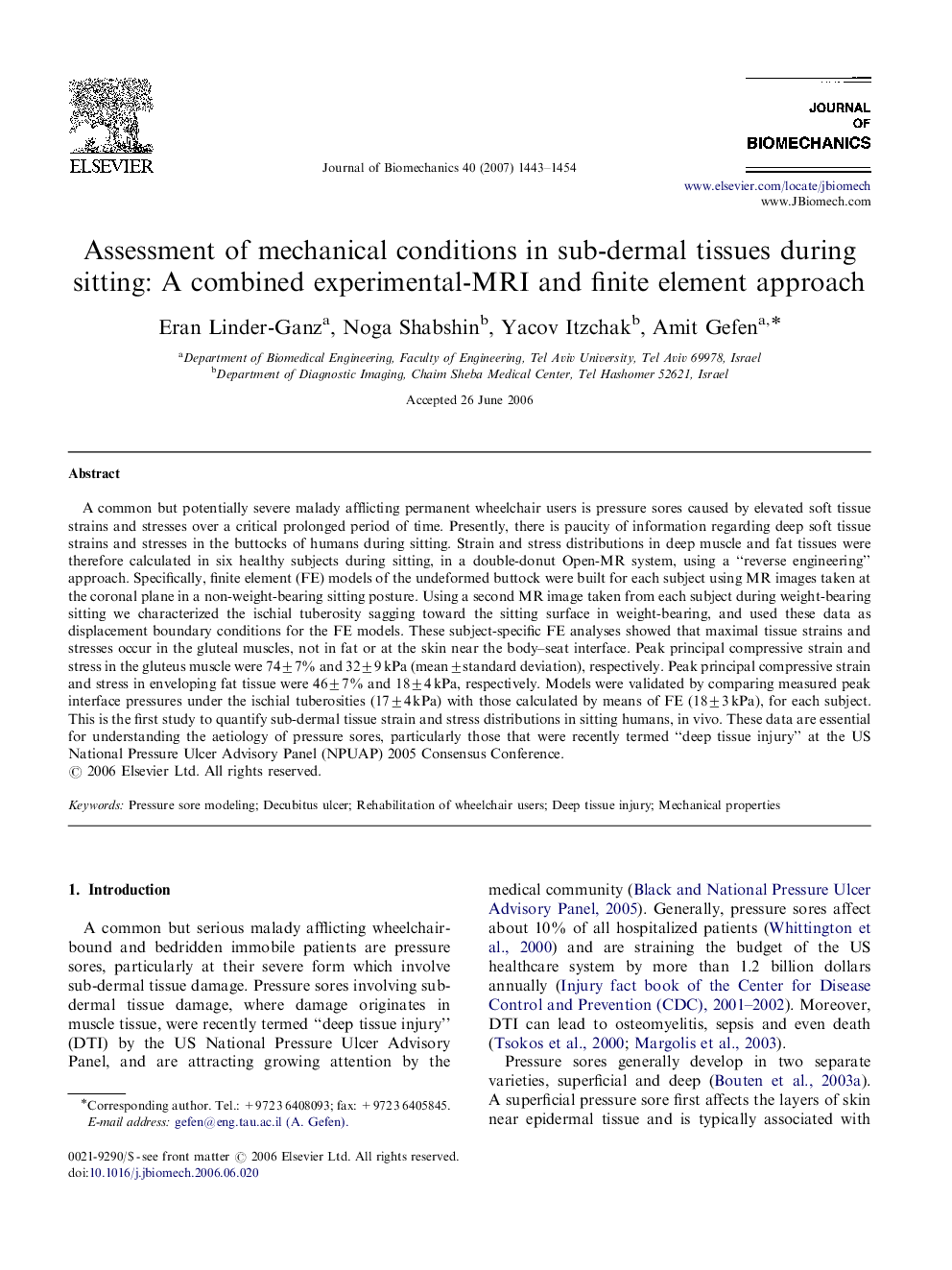 Assessment of mechanical conditions in sub-dermal tissues during sitting: A combined experimental-MRI and finite element approach