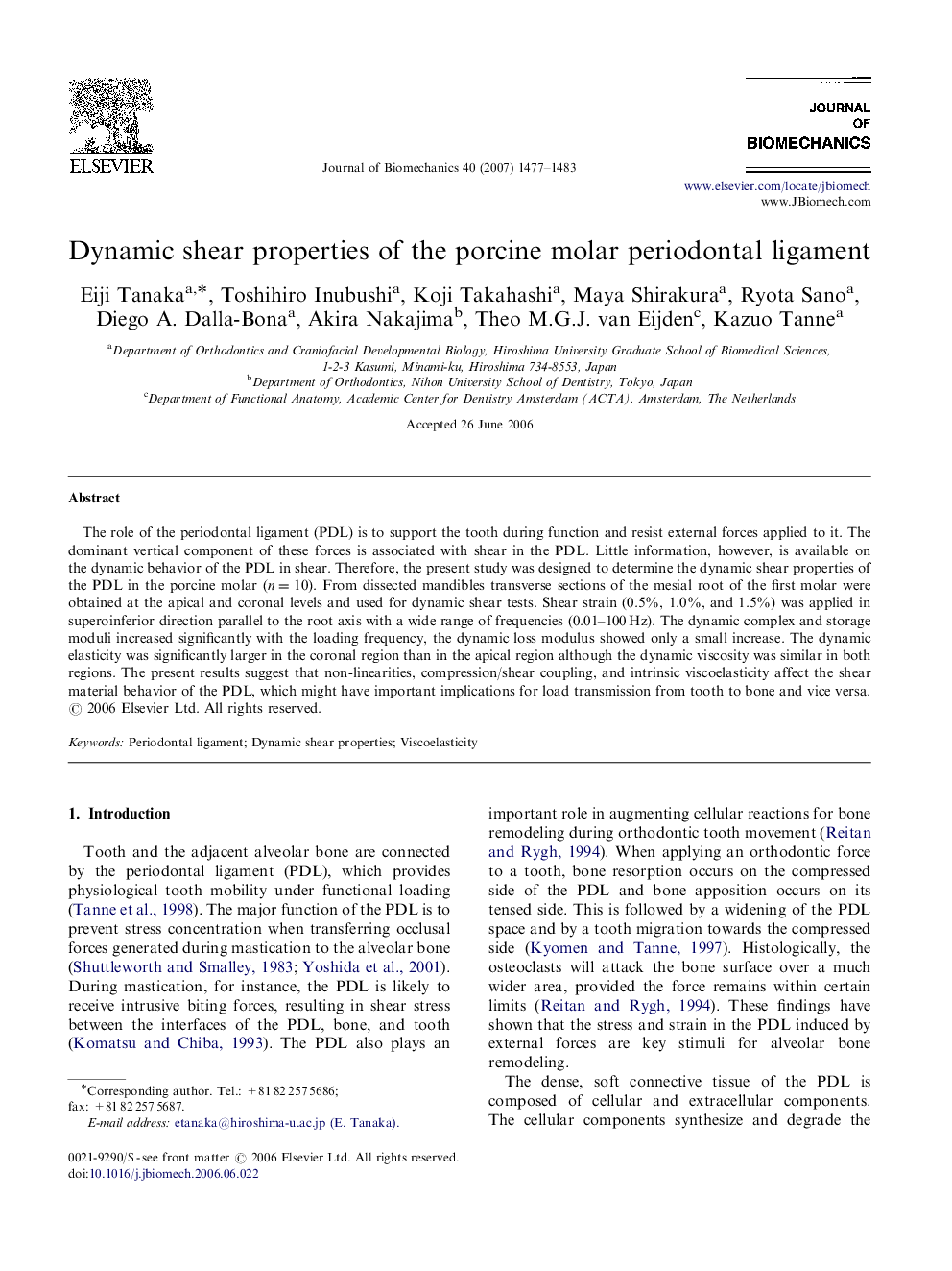 Dynamic shear properties of the porcine molar periodontal ligament