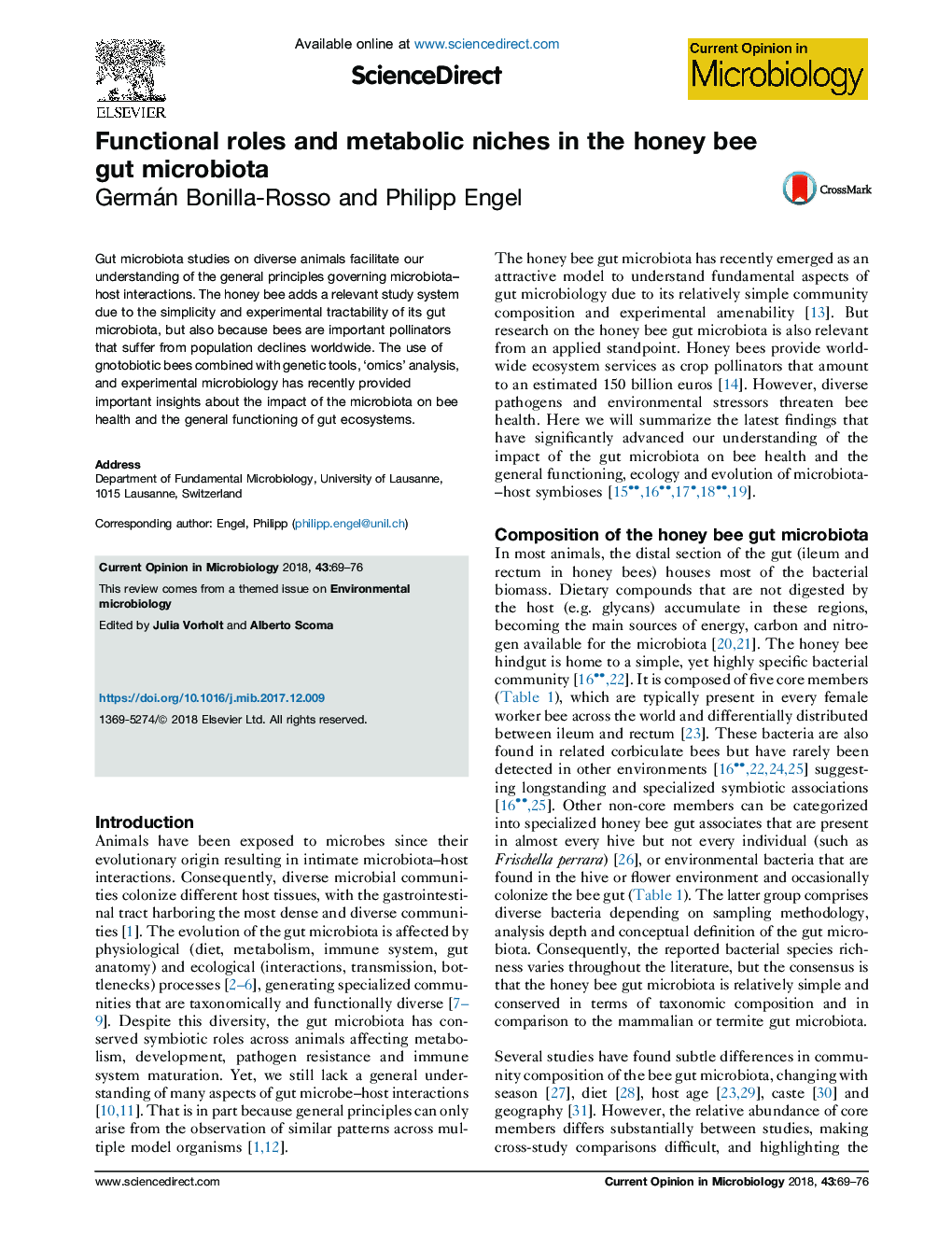 Functional roles and metabolic niches in the honey bee gut microbiota