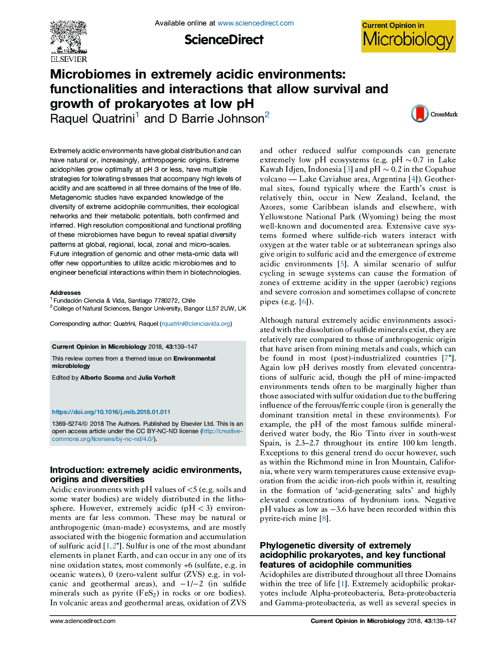 Microbiomes in extremely acidic environments: functionalities and interactions that allow survival and growth of prokaryotes at low pH