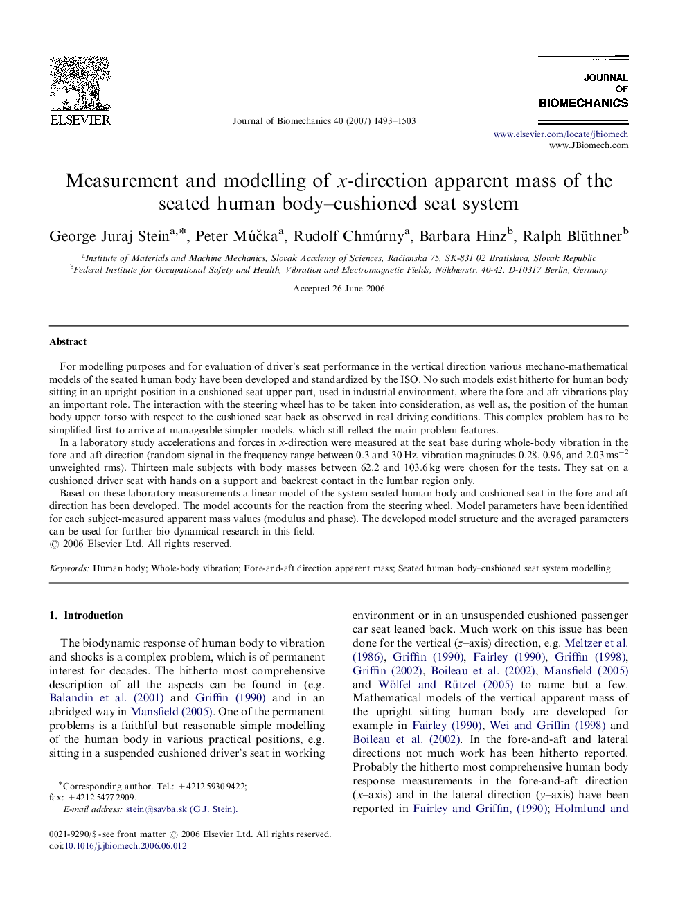 Measurement and modelling of x-direction apparent mass of the seated human body–cushioned seat system