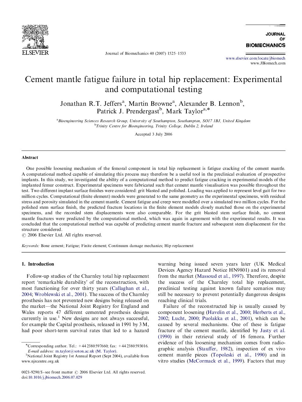 Cement mantle fatigue failure in total hip replacement: Experimental and computational testing