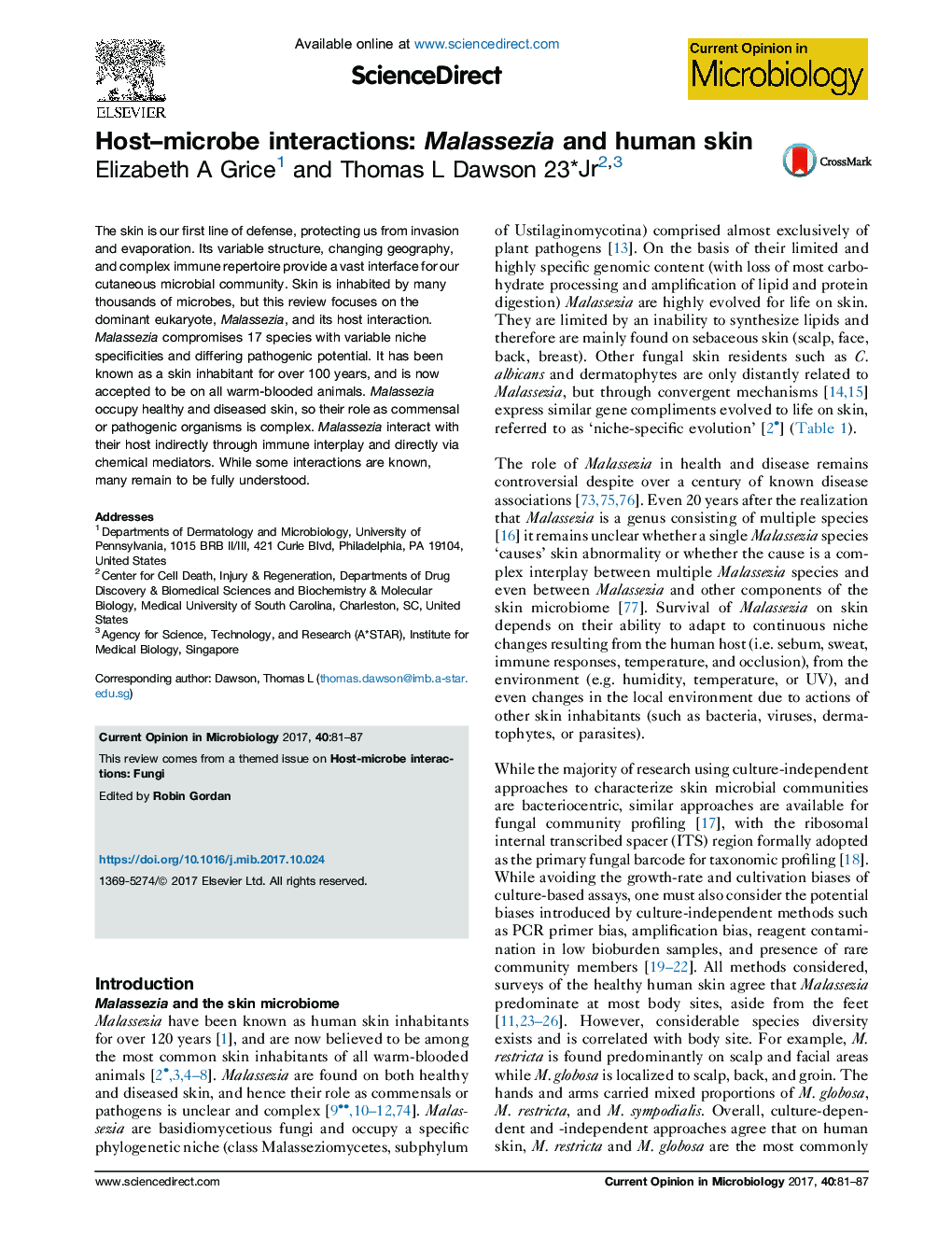 Host-microbe interactions: Malassezia and human skin