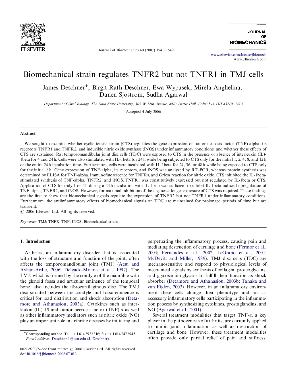 Biomechanical strain regulates TNFR2 but not TNFR1 in TMJ cells